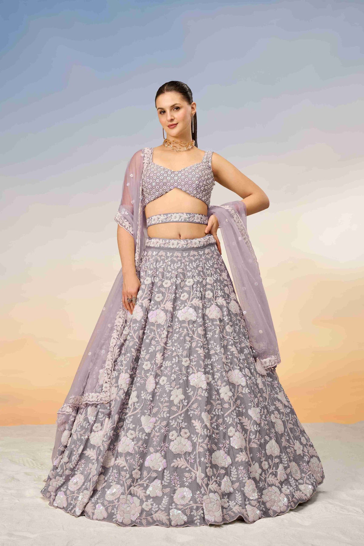 Mauve Georgette Sequins Embroidered Lehenga Choli