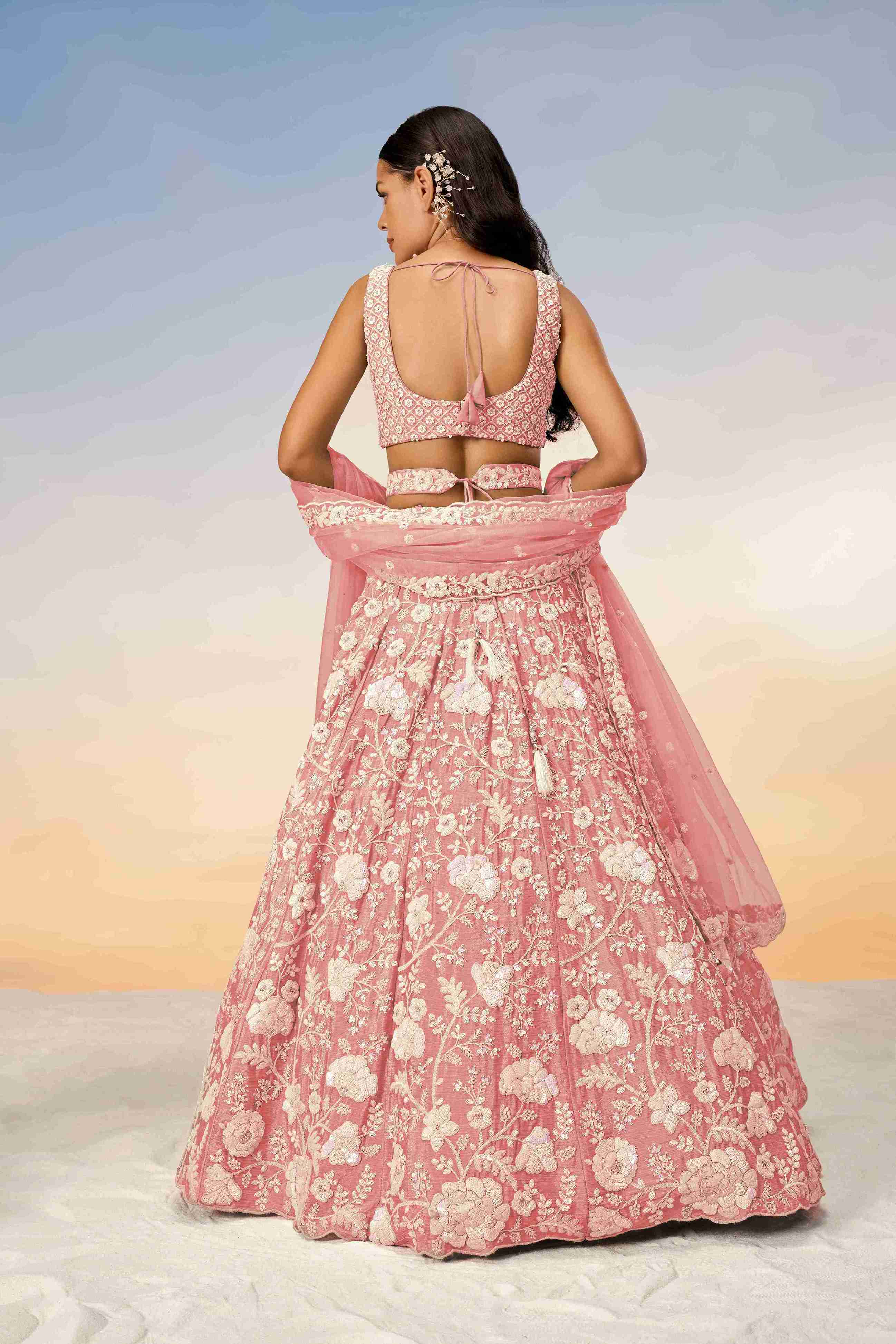 Rose Gold Georgette Sequins Embroidered Lehenga Choli