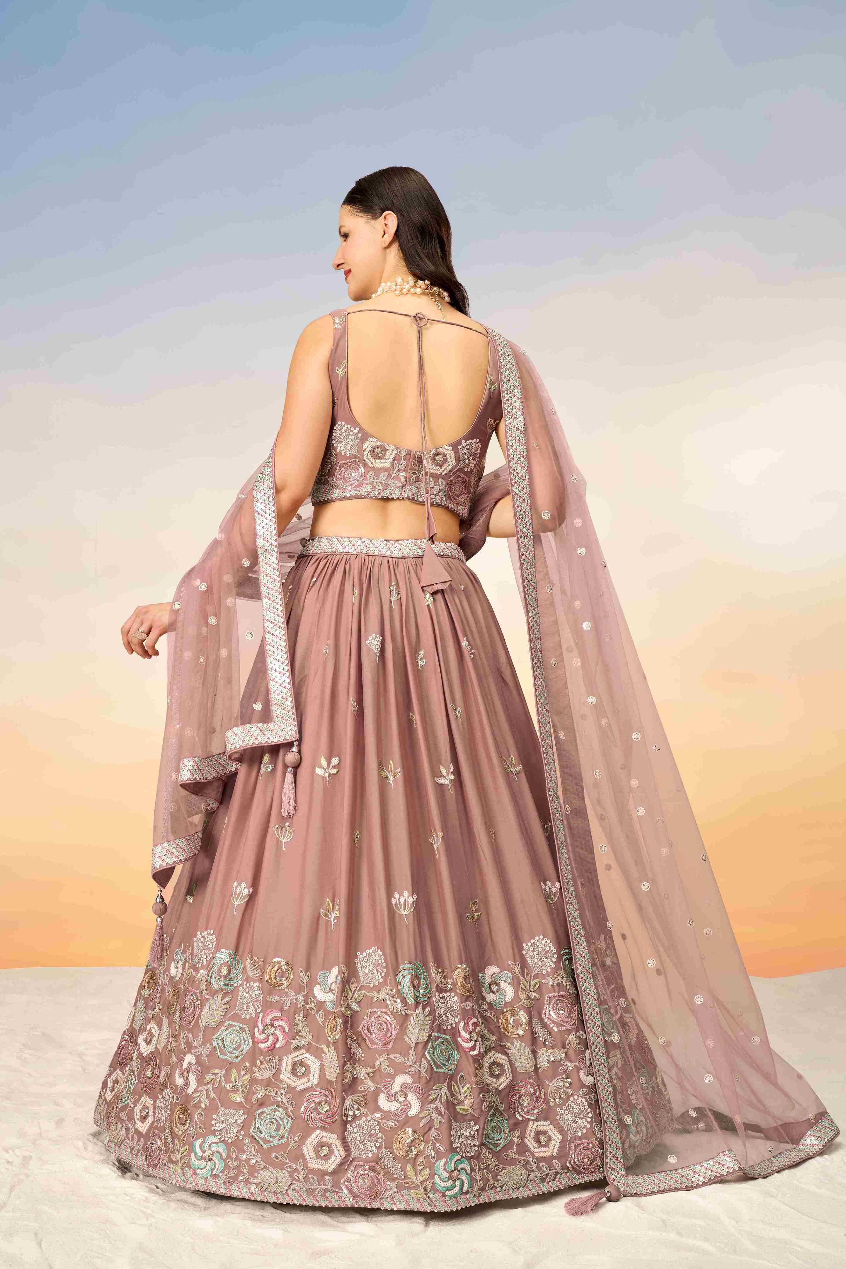 Rose Gold  Georgette Sequins Embroidered Lehenga Choli