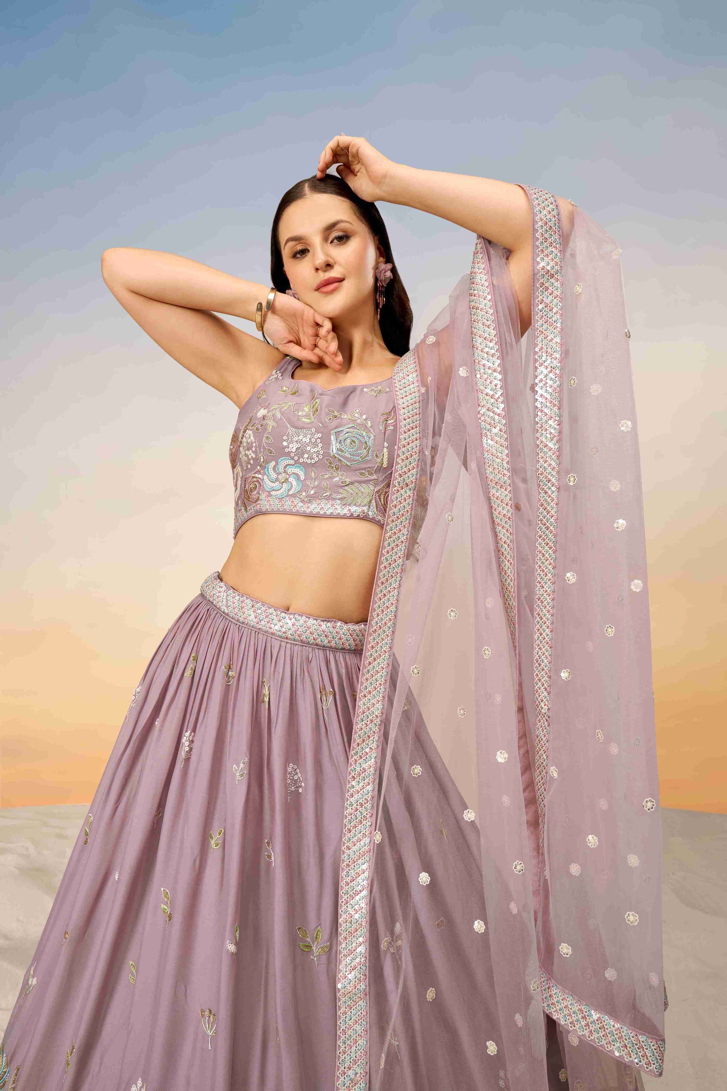 Mauve Georgette Sequins Embroidered Lehenga Choli