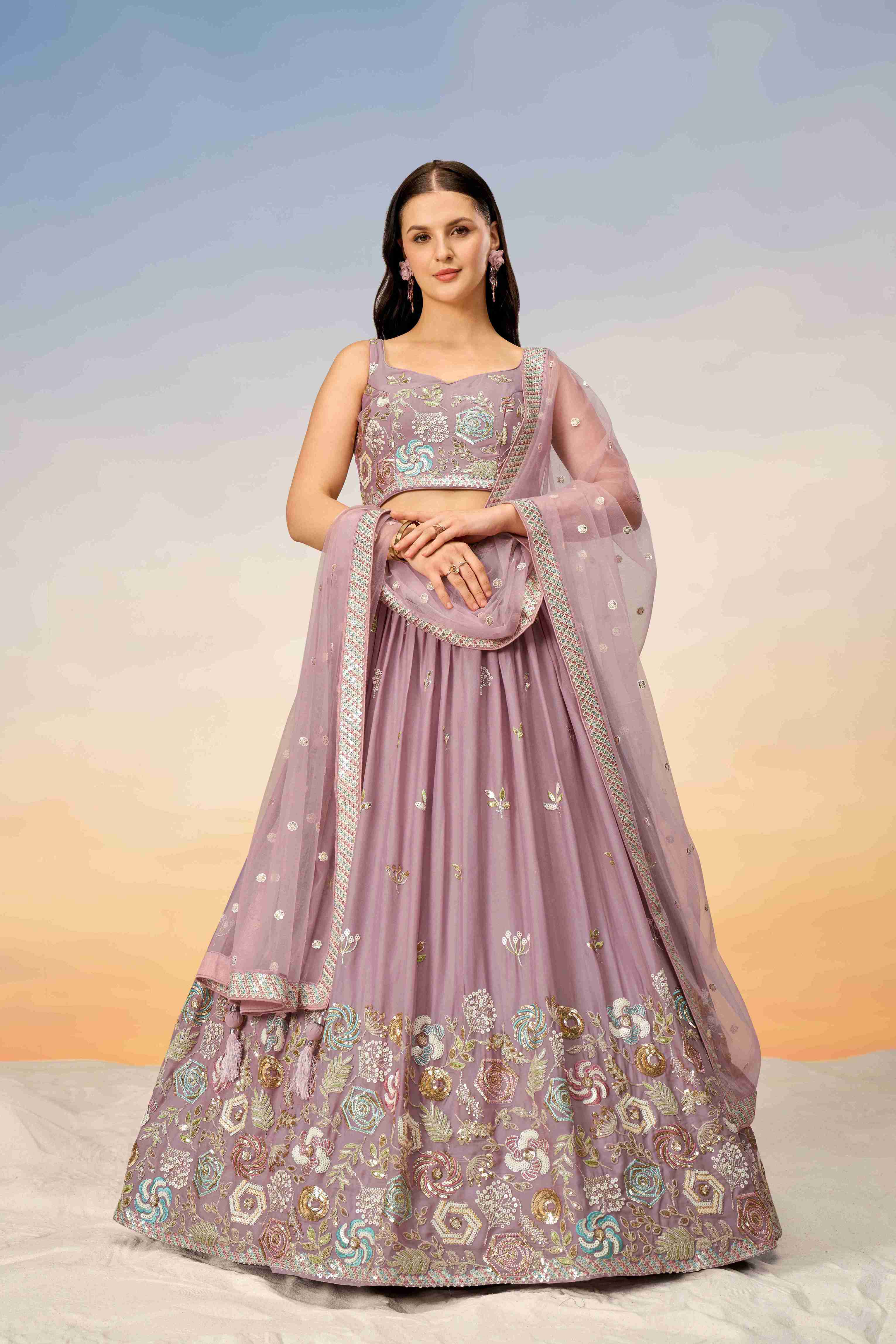 Mauve Georgette Sequins Embroidered Lehenga Choli