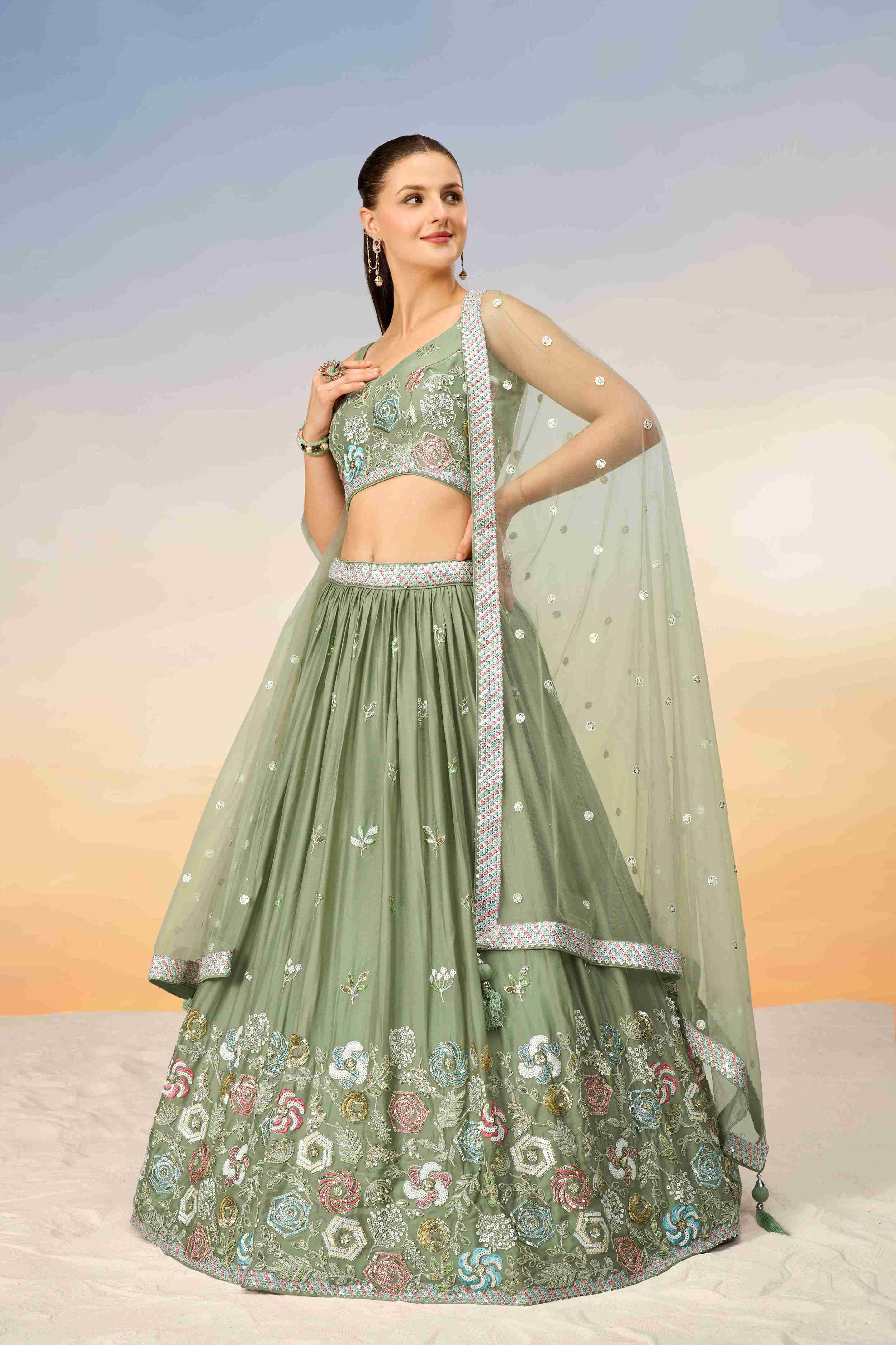 Lime Green  Georgette Sequins Embroidered Lehenga Choli