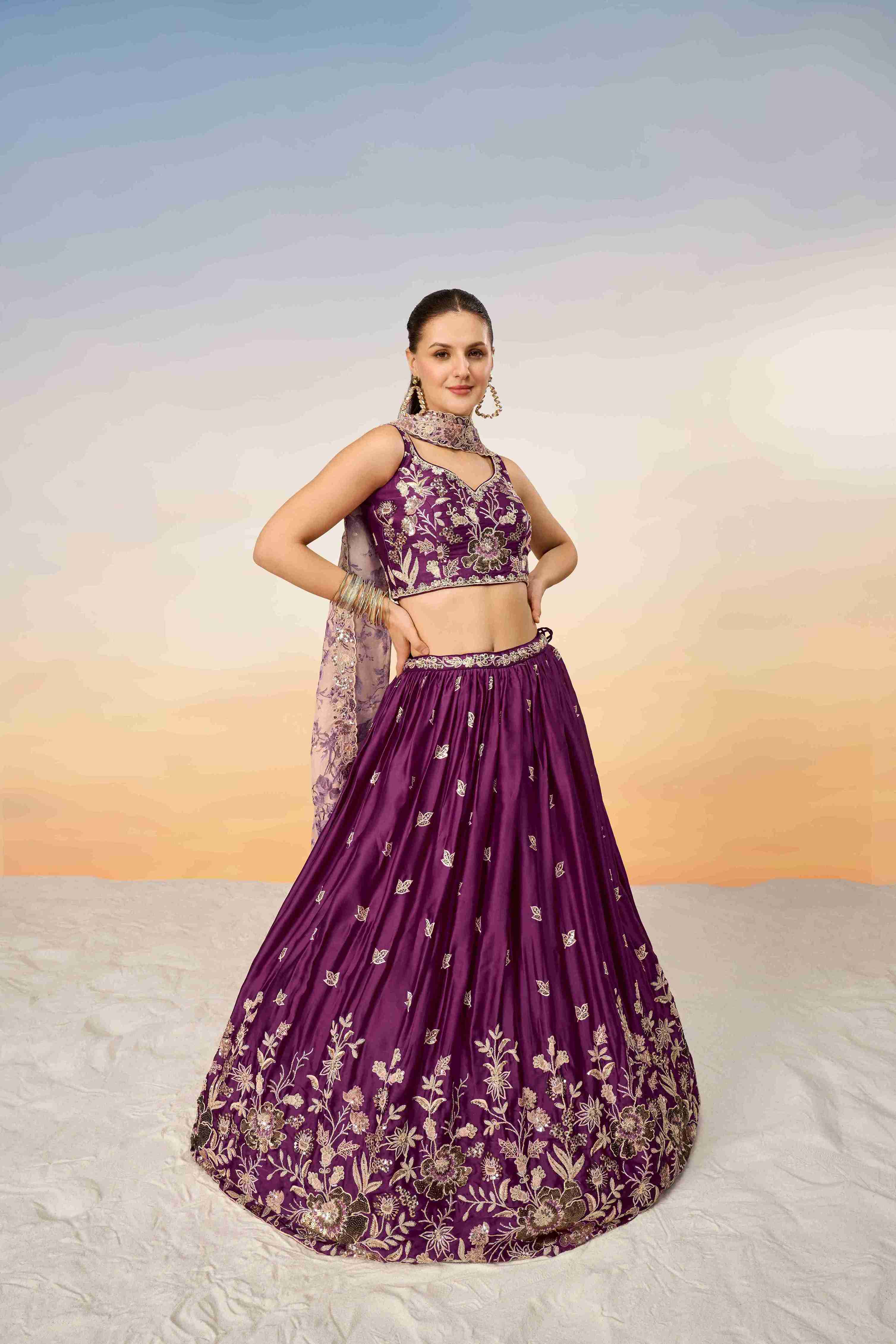 Burgundy Chiffon Sequins Embroidered Lehenga Choli