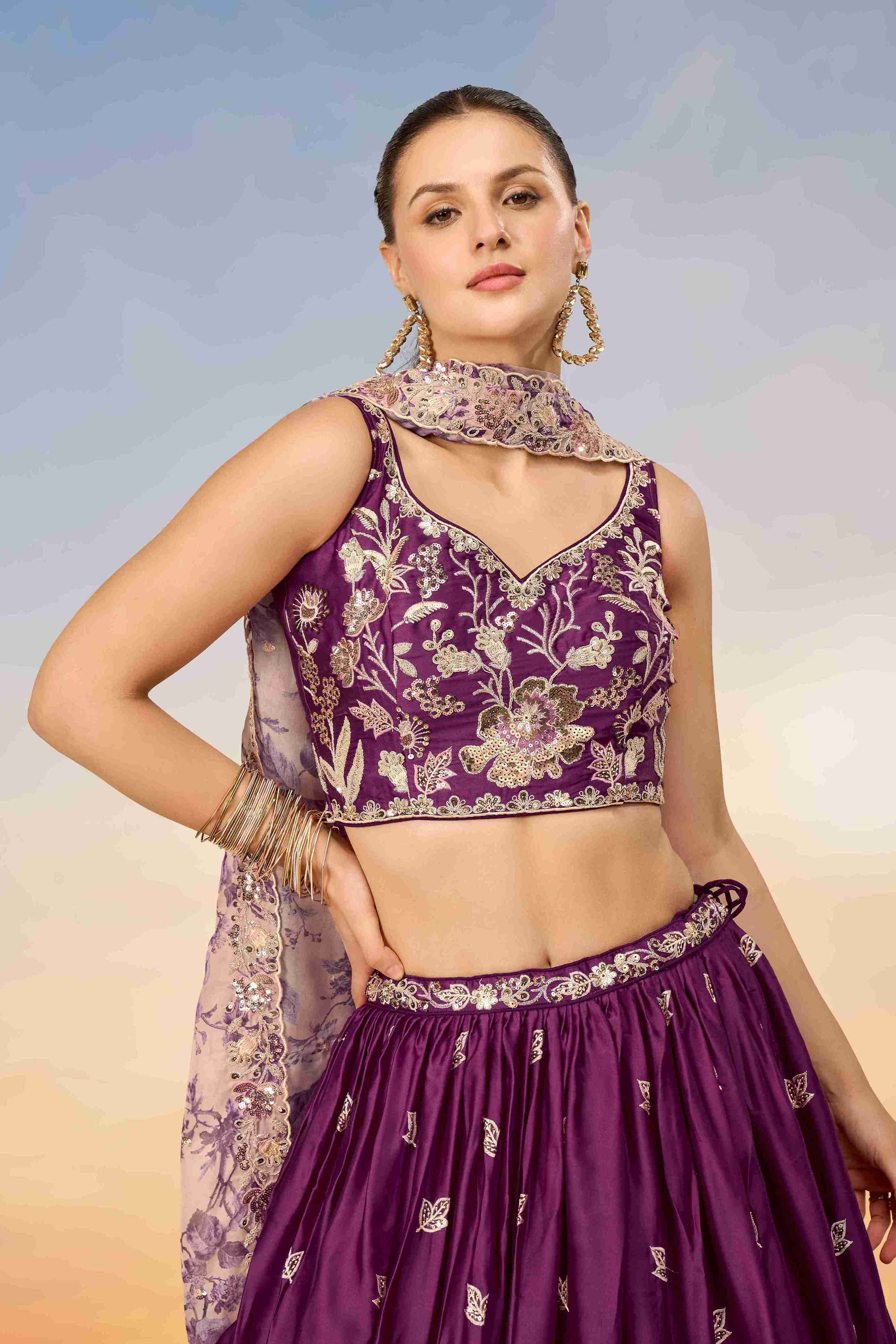 Burgundy Chiffon Sequins Embroidered Lehenga Choli