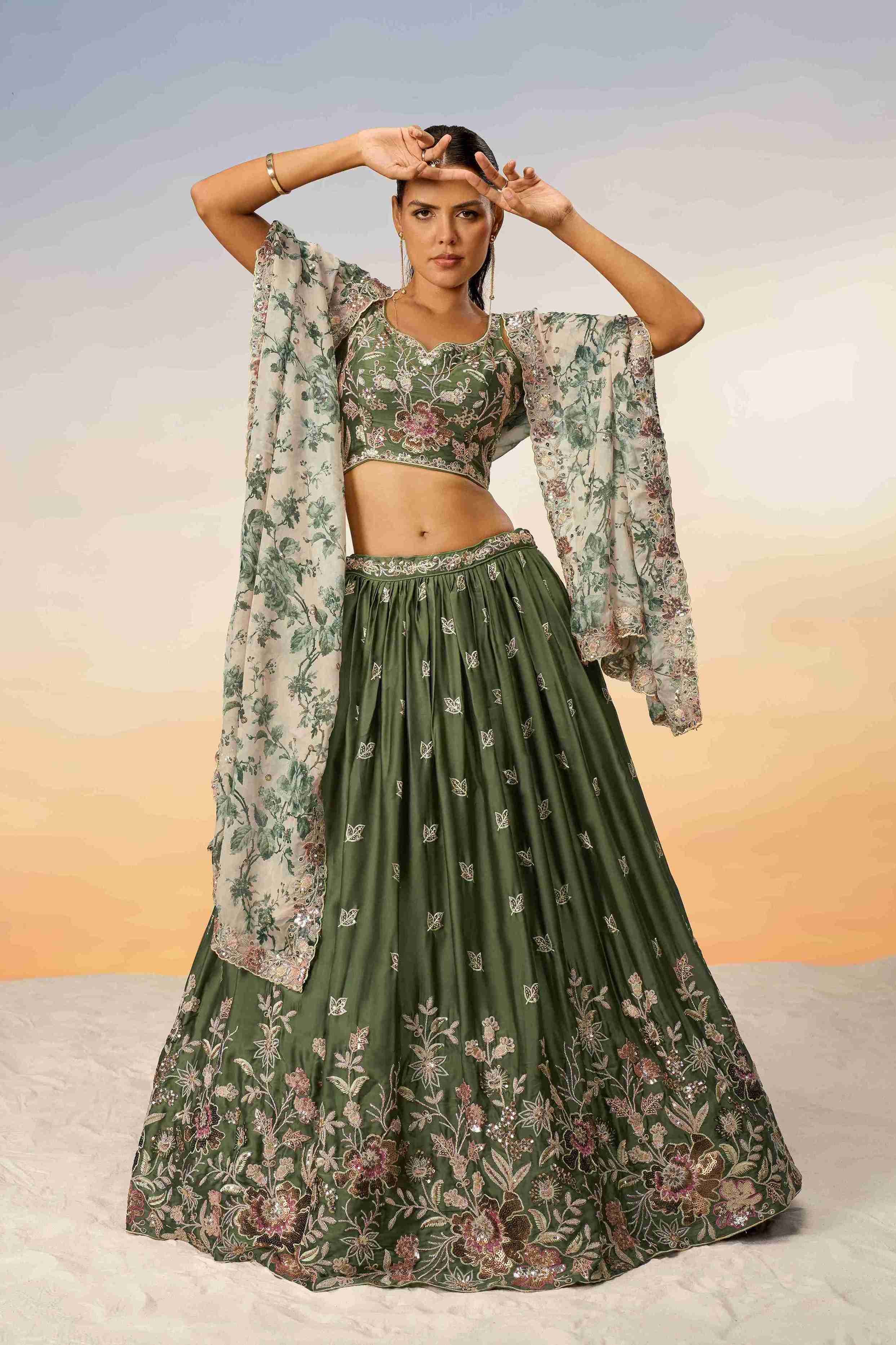 Olive Chiffon Sequins Embroidered Lehenga Choli