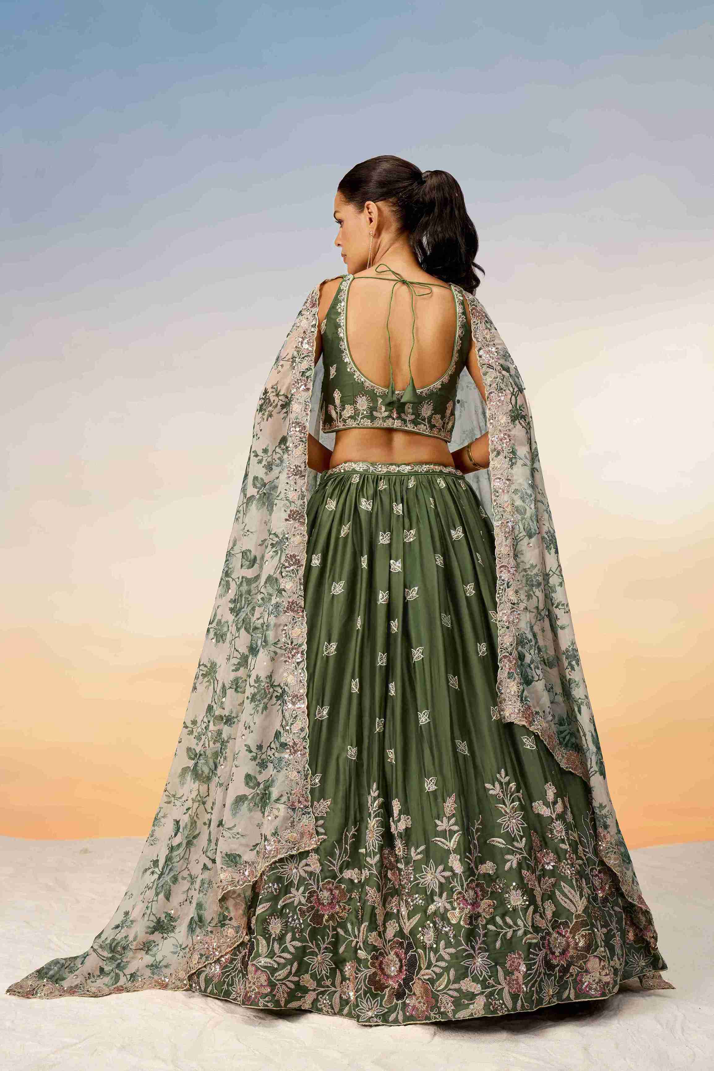 Olive Chiffon Sequins Embroidered Lehenga Choli