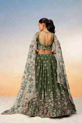 Olive Chiffon Sequins Embroidered Lehenga Choli