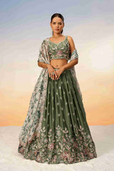 Olive Chiffon Sequins Embroidered Lehenga Choli