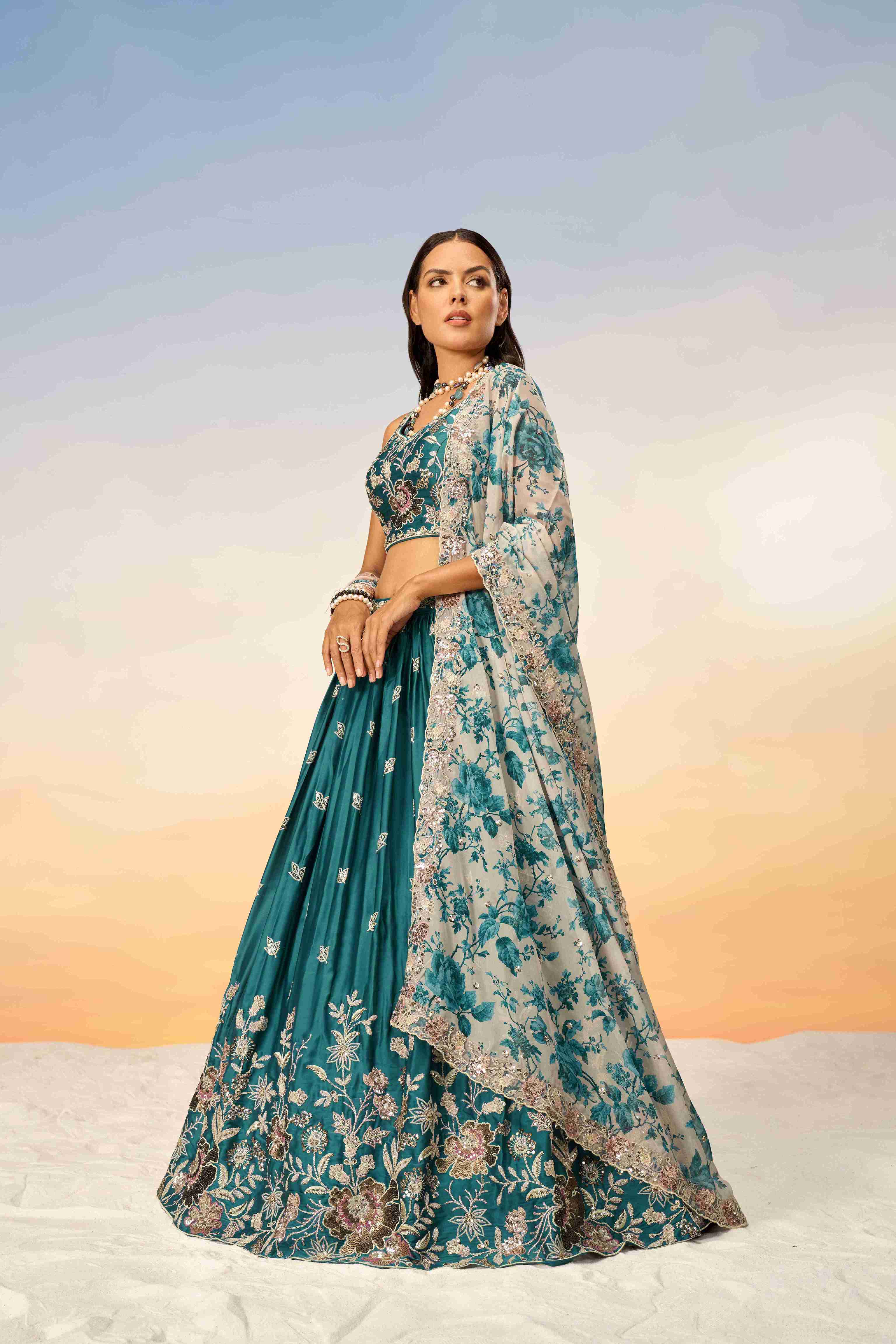 Teal Chiffon Sequins Embroidered Lehenga Choli