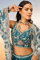 Teal Chiffon Sequins Embroidered Lehenga Choli