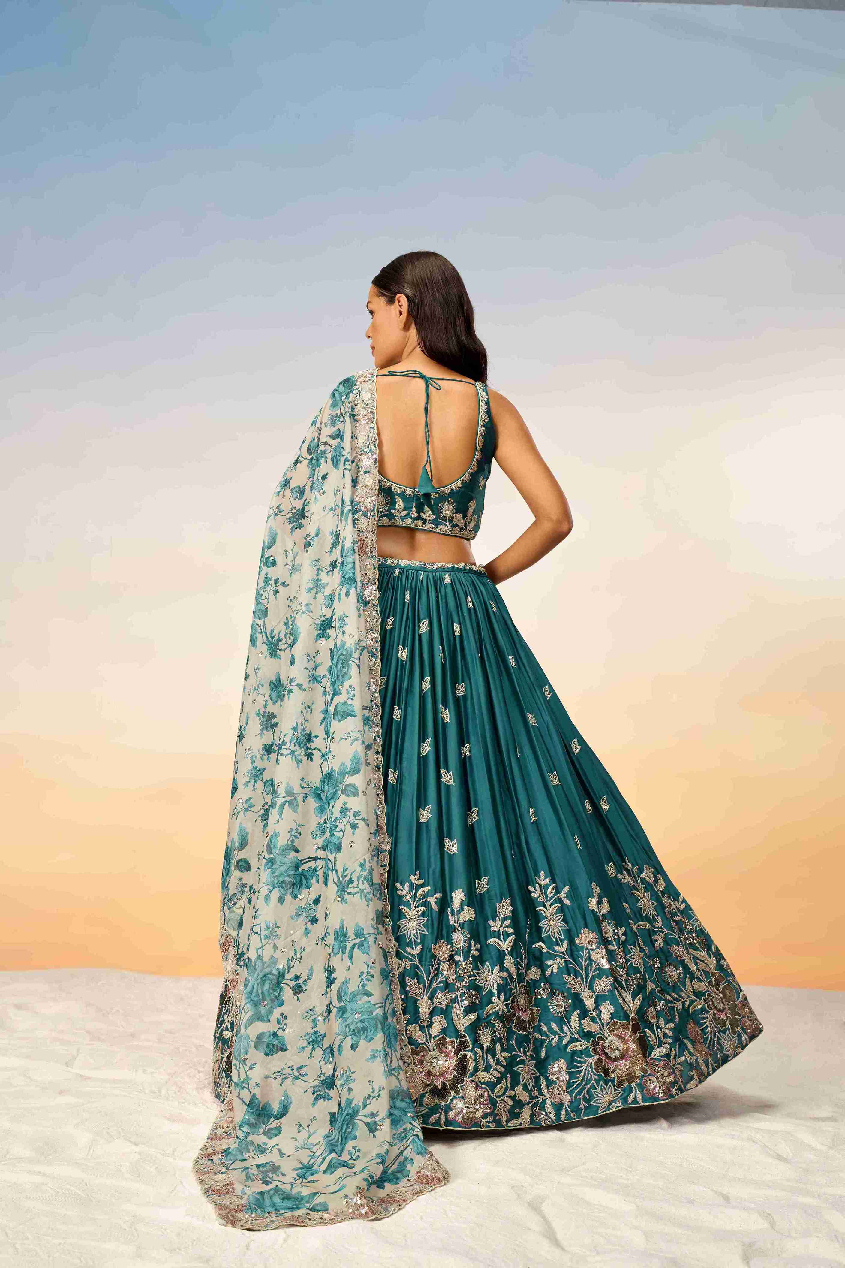 Teal Chiffon Sequins Embroidered Lehenga Choli