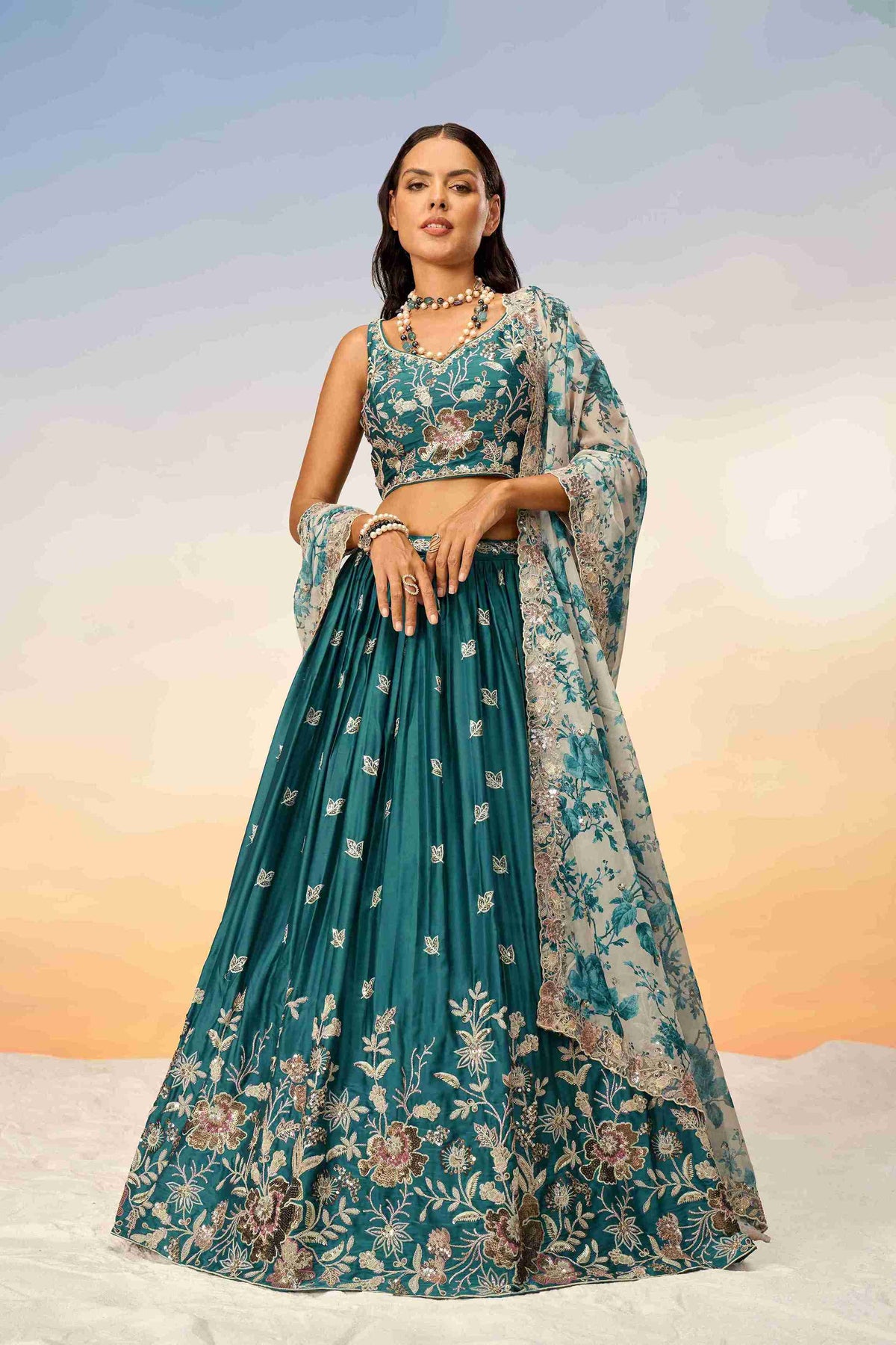 Teal Chiffon Sequins Embroidered Lehenga Choli