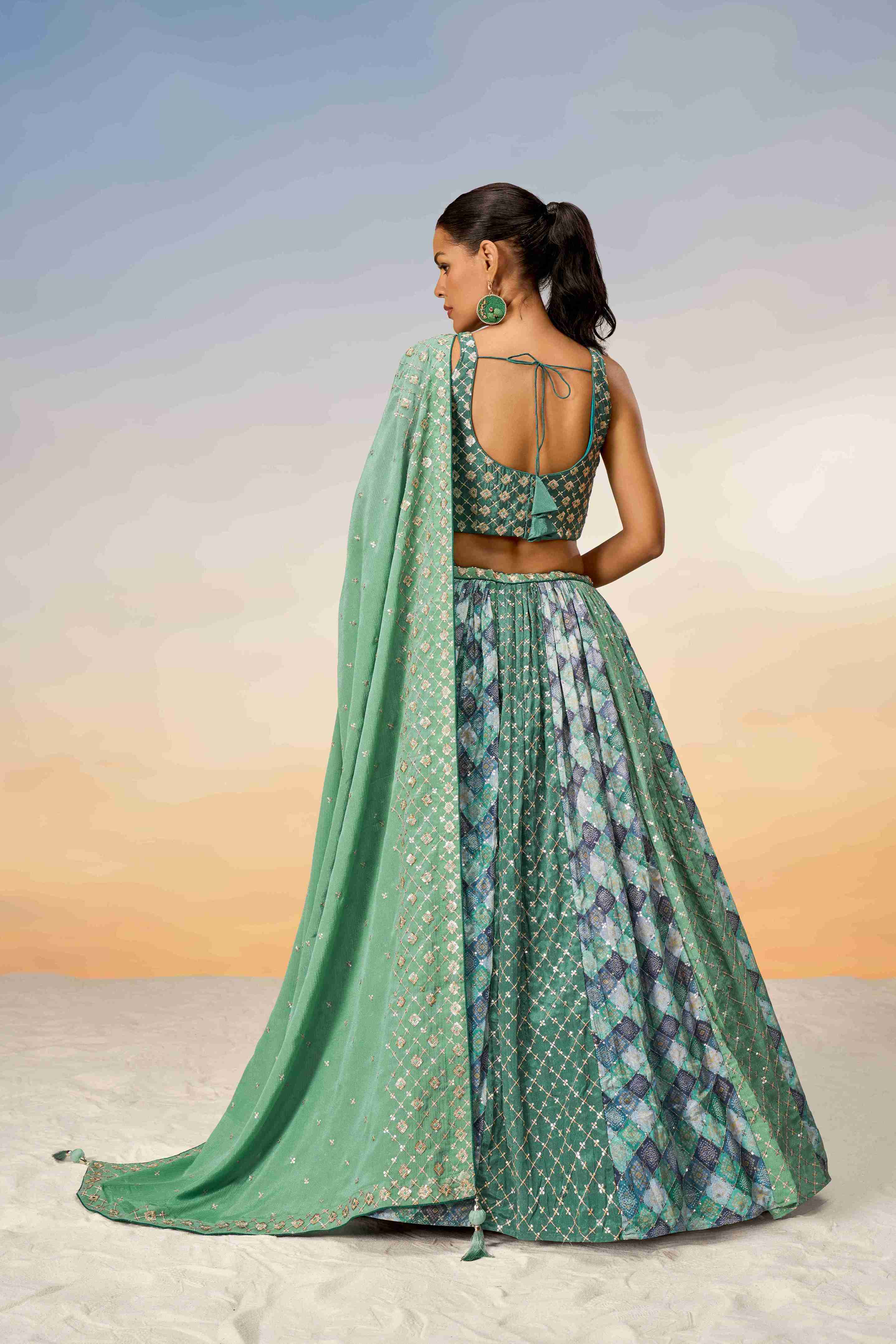 Lime Green Chiffon Sequins Embroidered Lehenga Choli