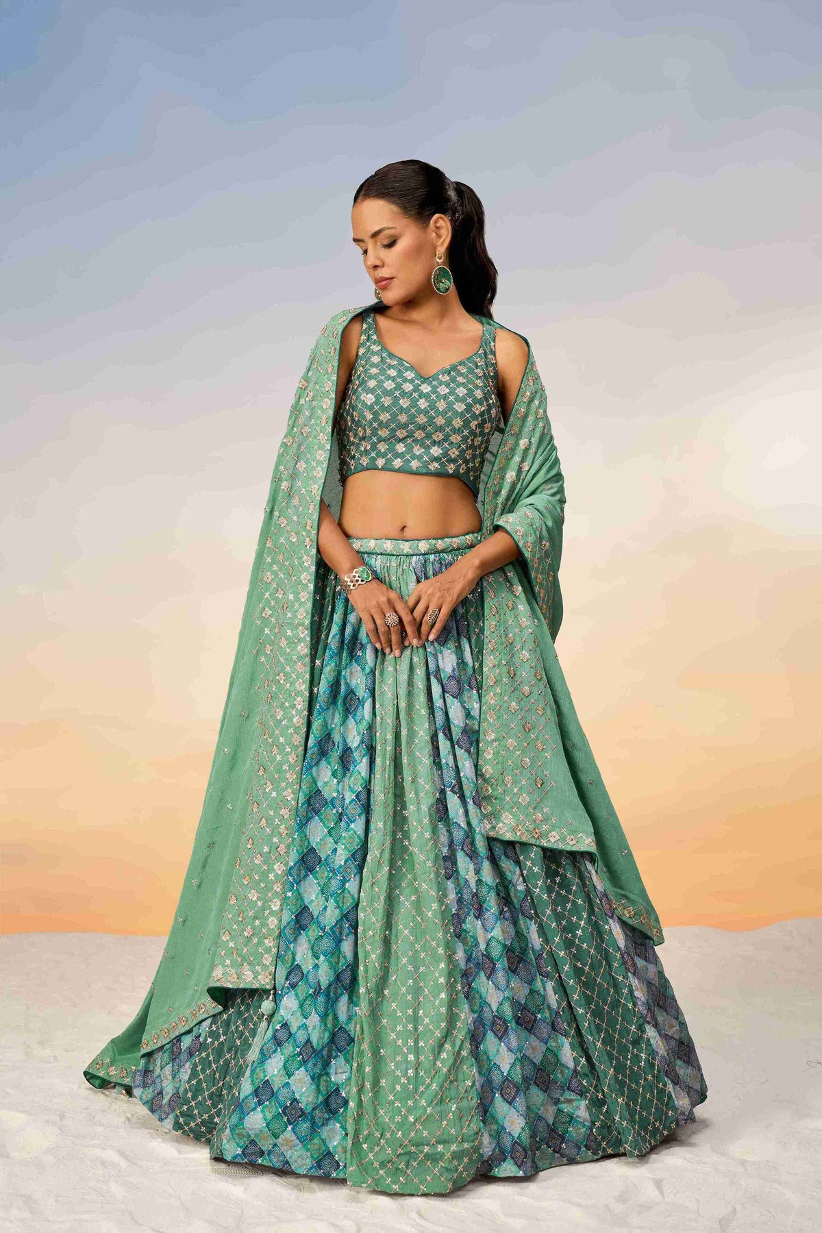 Lime Green Chiffon Sequins Embroidered Lehenga Choli