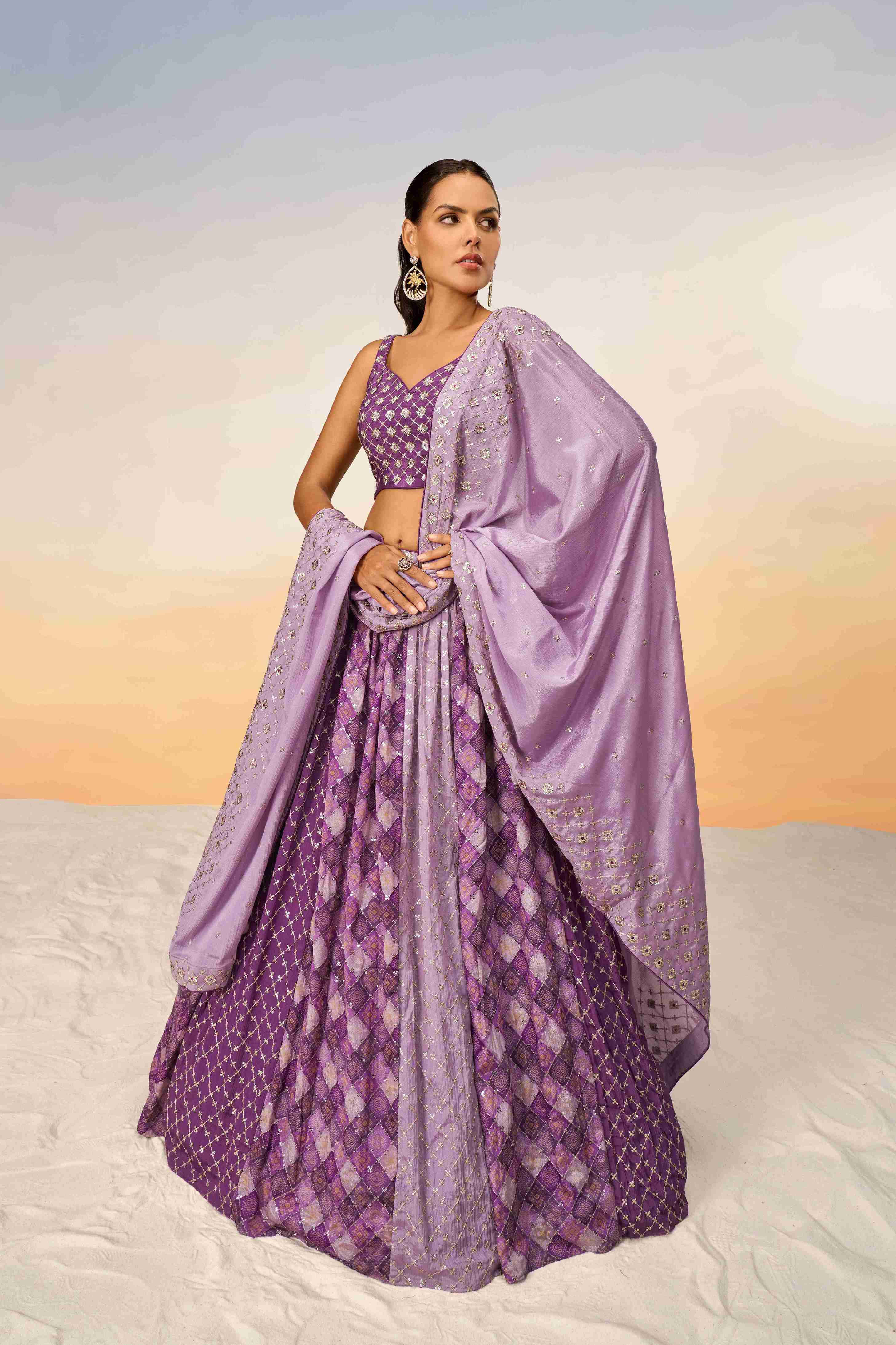 Lavender Chiffon Sequins Embroidered Lehenga Choli