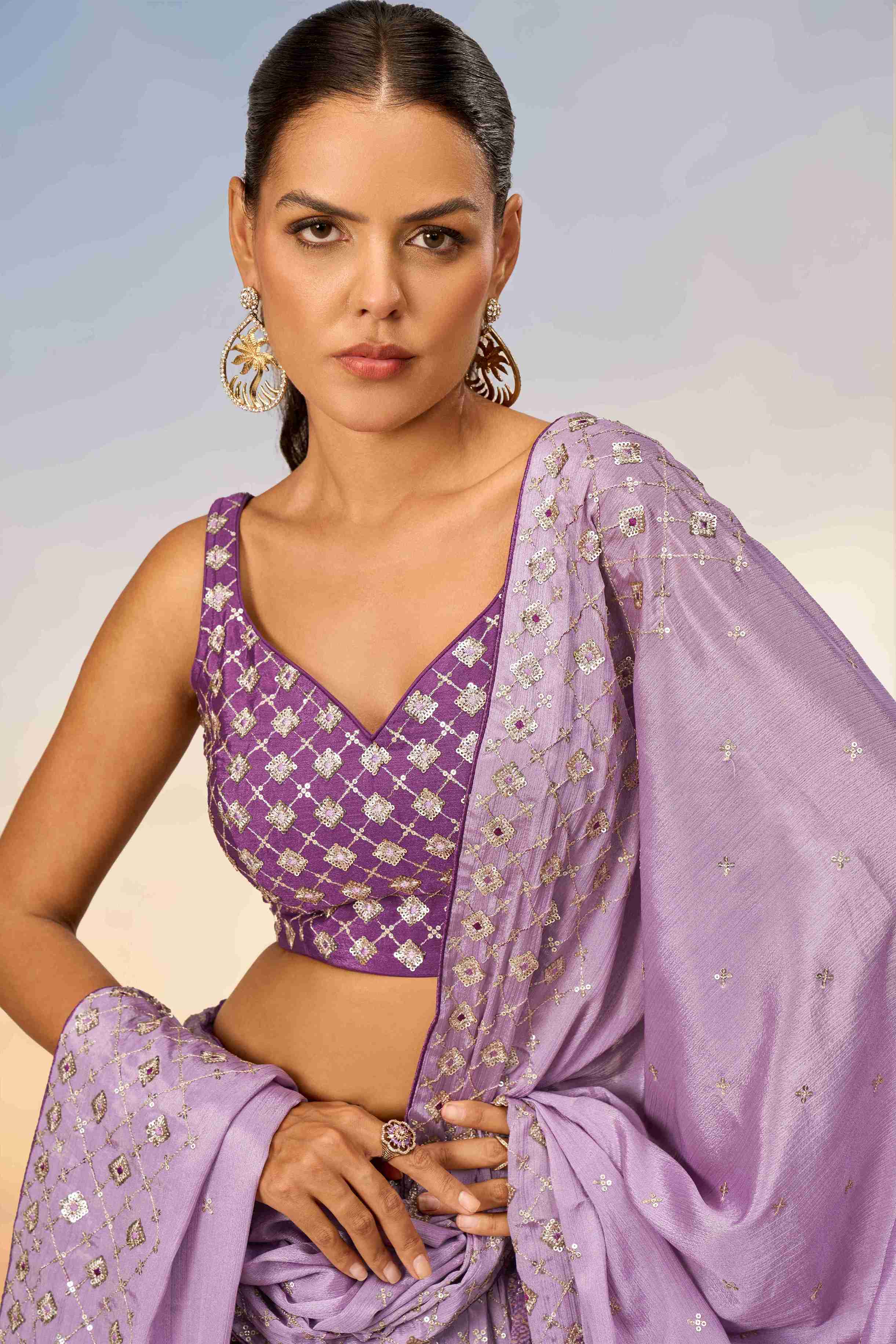 Lavender Chiffon Sequins Embroidered Lehenga Choli