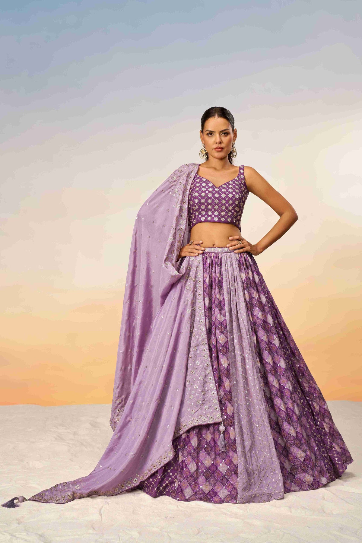 Lavender Chiffon Sequins Embroidered Lehenga Choli