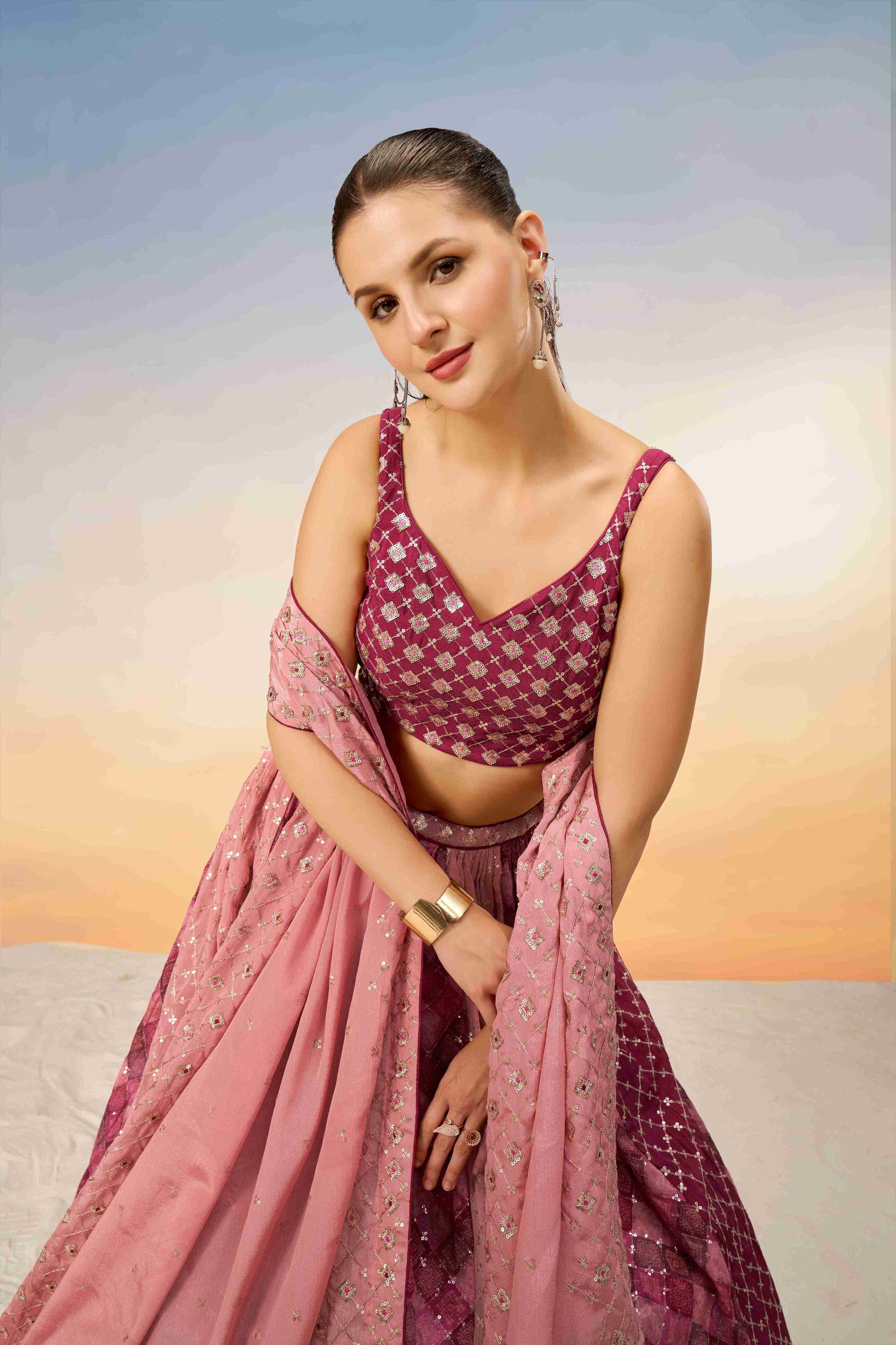 Pink Chiffon Sequins Embroidered Lehenga Choli