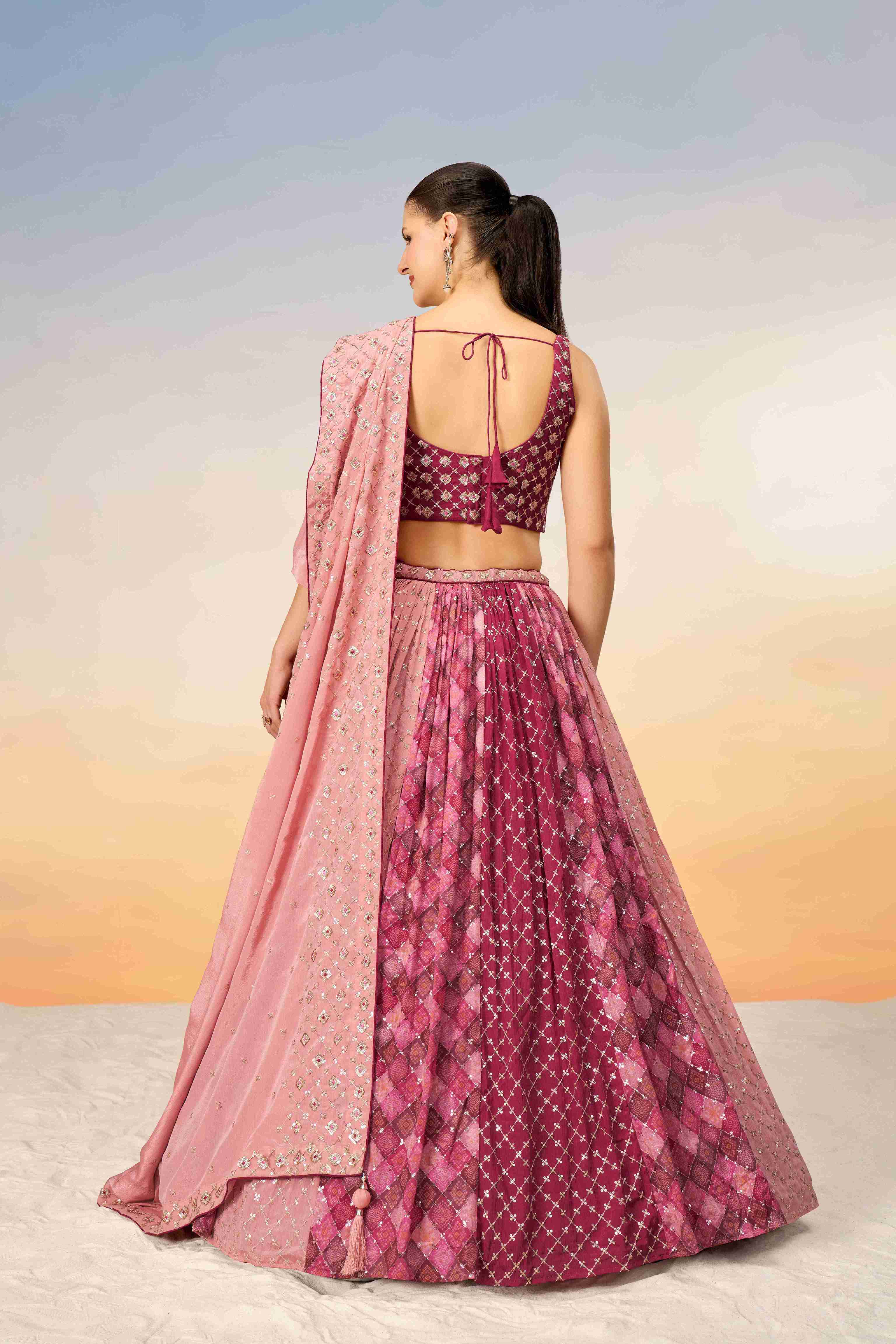 Pink Chiffon Sequins Embroidered Lehenga Choli