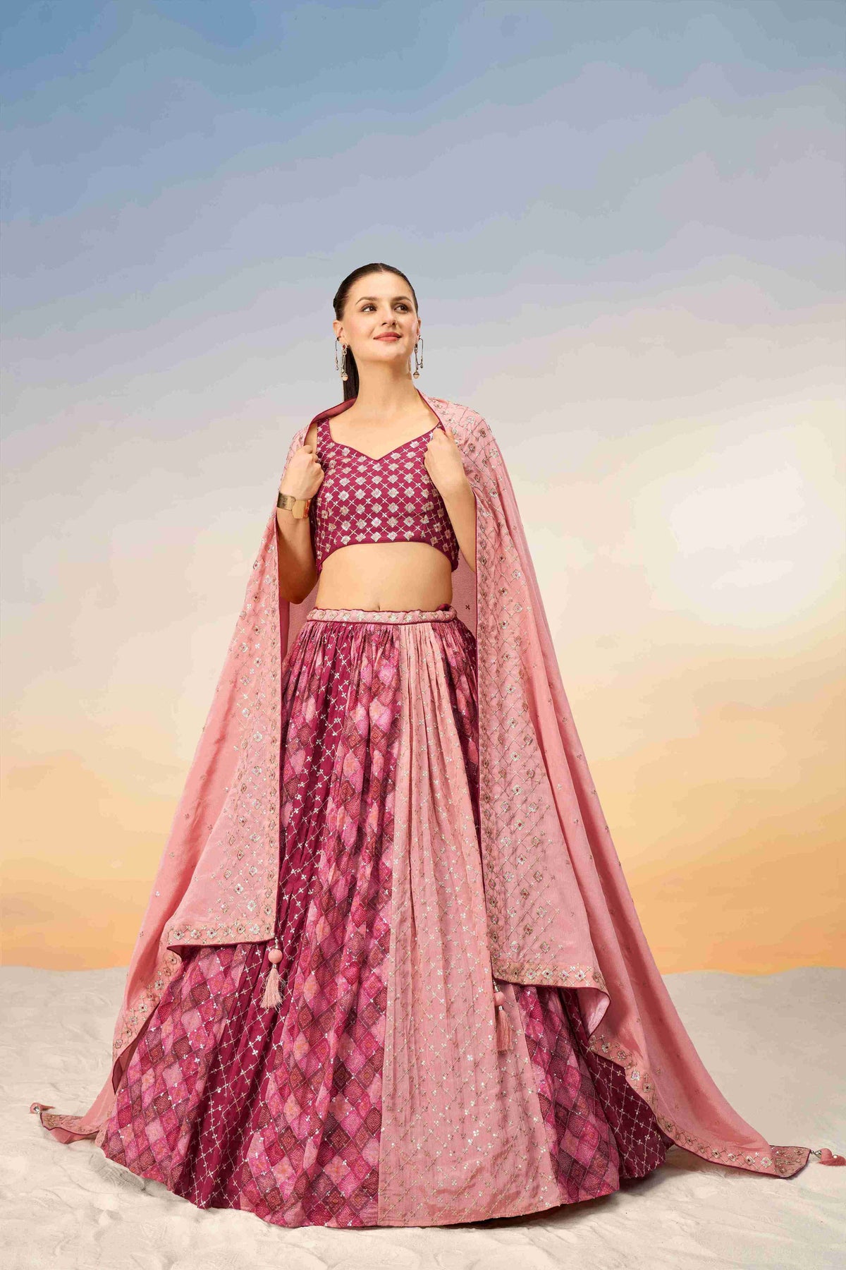 Pink Chiffon Sequins Embroidered Lehenga Choli