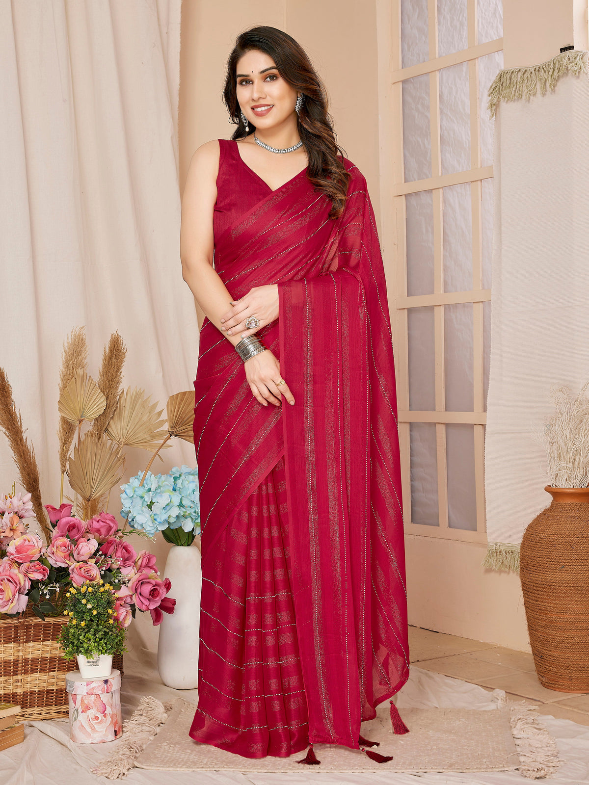 Pink Georgette Swarovski Ready to Wear Saree