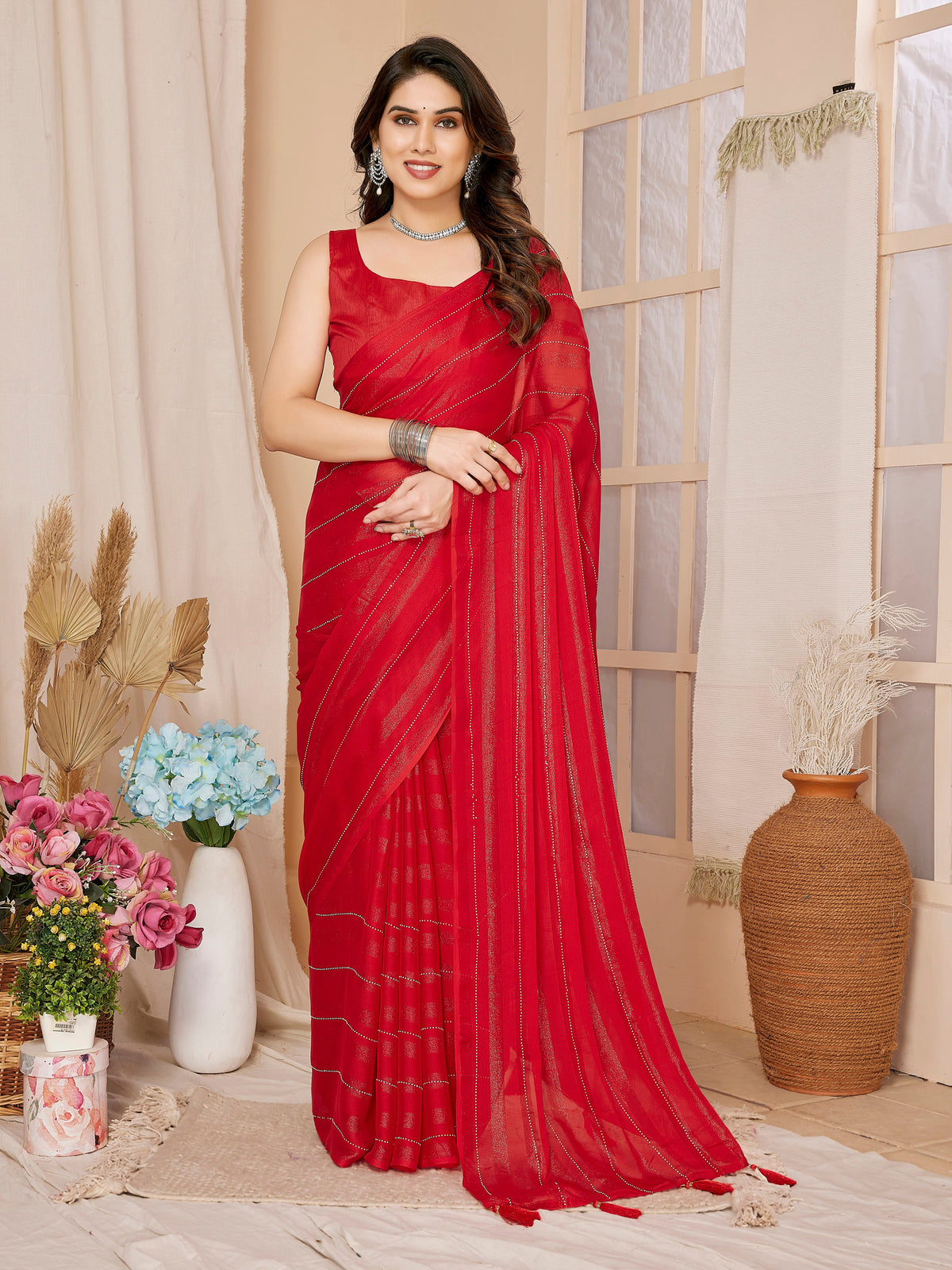 Red Georgette Swarovski Ready to Wear Saree