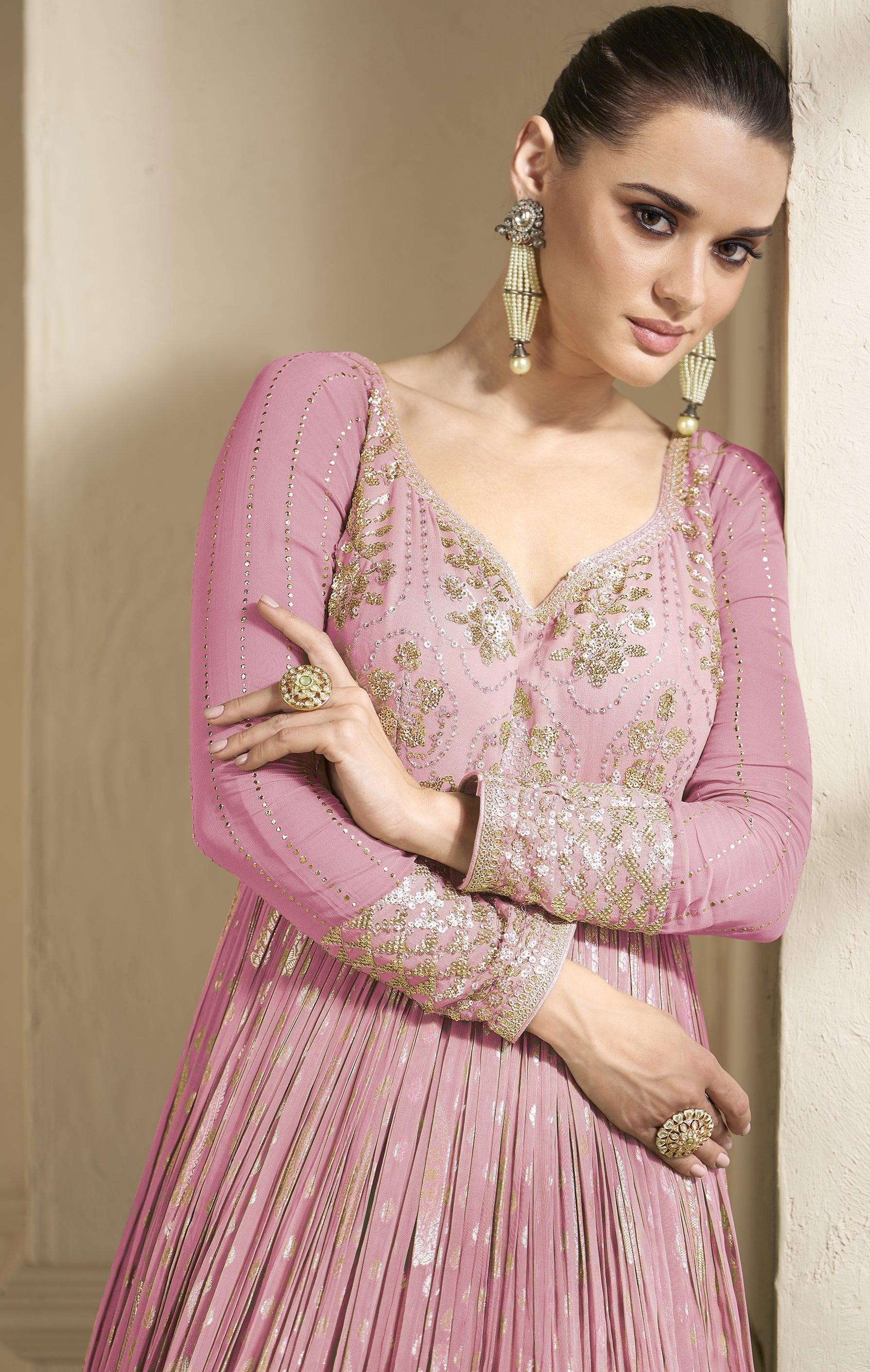 Pink Colored Georgette Designer Embroidery Work  Flared Anarkali Salwar Suit With Bottom Dupatta