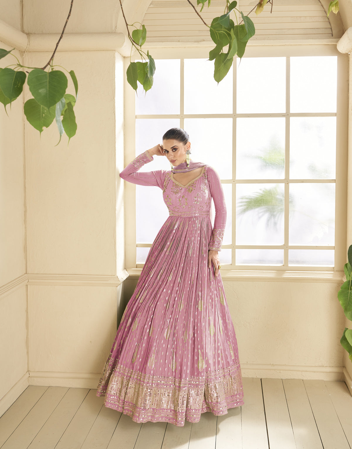 Pink Colored Georgette Designer Embroidery Work  Flared Anarkali Salwar Suit With Bottom Dupatta