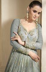 Grey Georgette Embroidery Flared Anarkali Salwar Suit With Bottom Dupatta