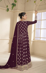 Wine Colored Georgette Designer Embroidery Work  Flared Anarkali Salwar Suit With Bottom Dupatta