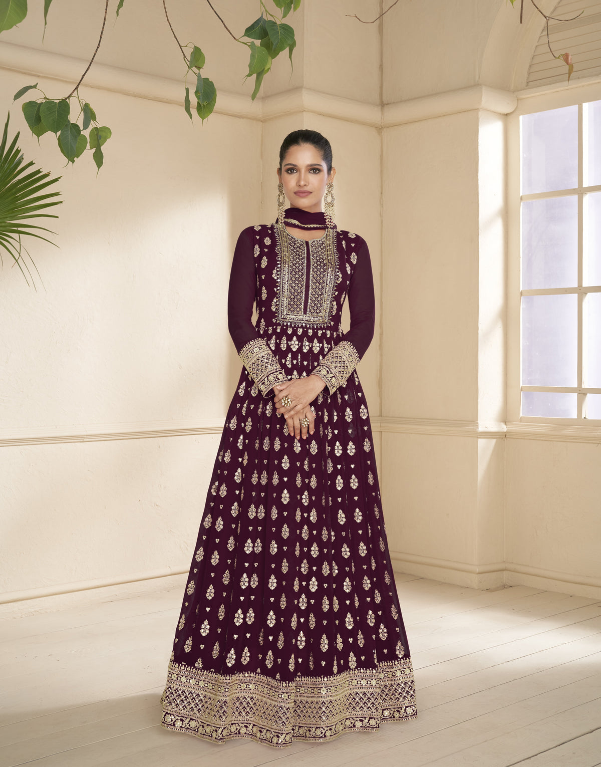 Wine Colored Georgette Designer Embroidery Work  Flared Anarkali Salwar Suit With Bottom Dupatta