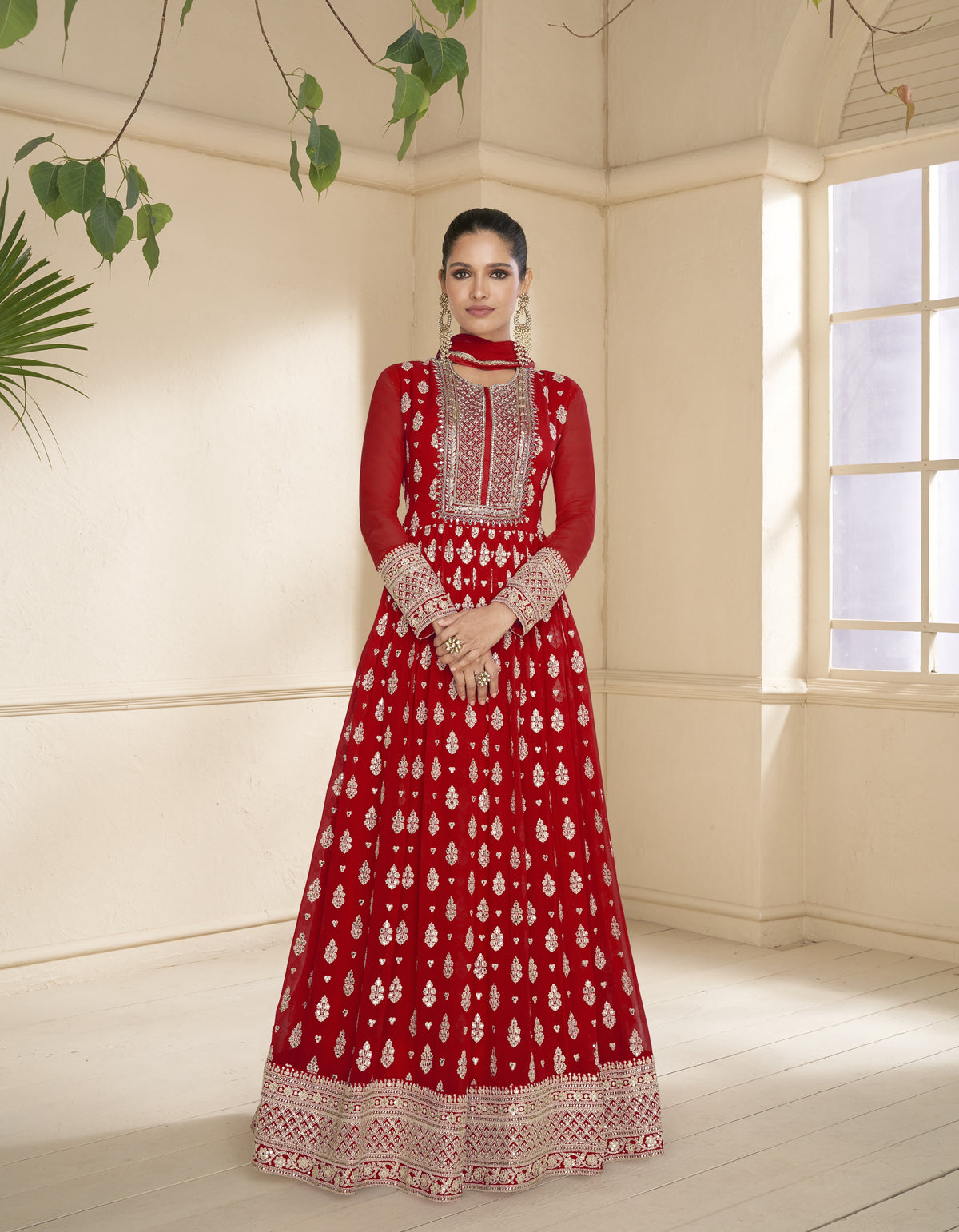 Red Georgette Embroidery Flared Anarkali Salwar Suit With Bottom Dupatta