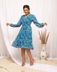 Blue Floral Print Western  Dress