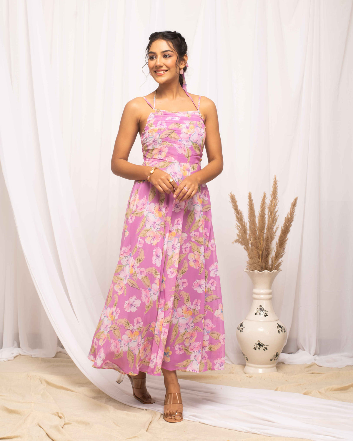 Pink Colored Floral Print Maxi Dress For Women