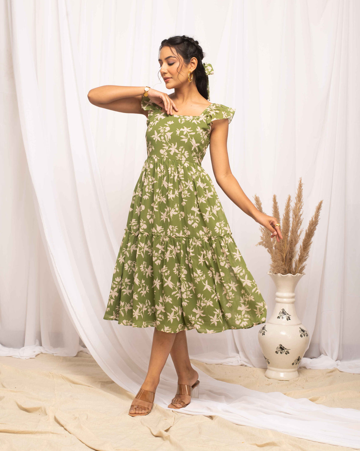 Olive Green Colored Floral Print  Panelled Dress