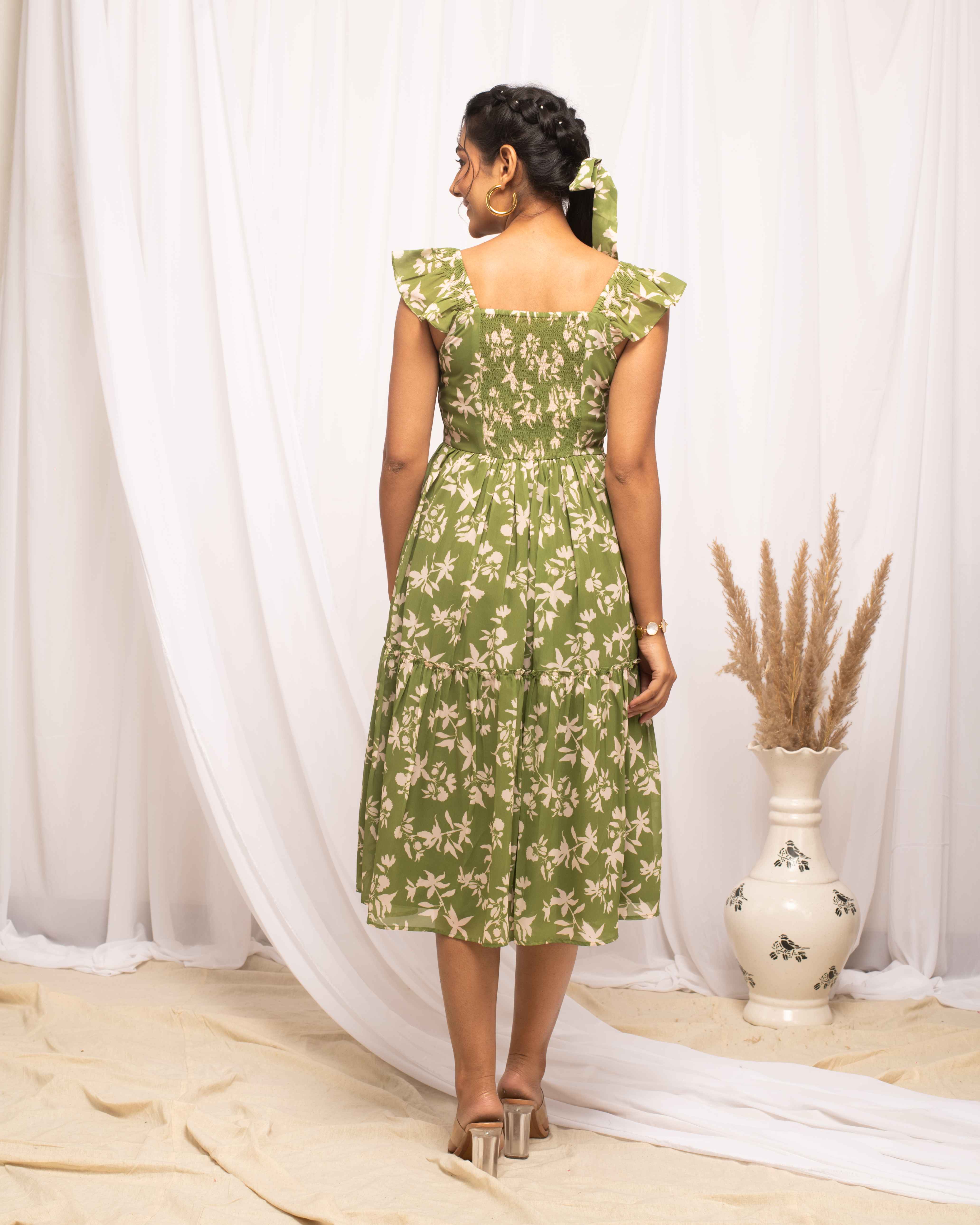 Olive Green Colored Floral Print  Panelled Dress