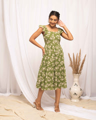 Olive Green Colored Floral Print  Panelled Dress