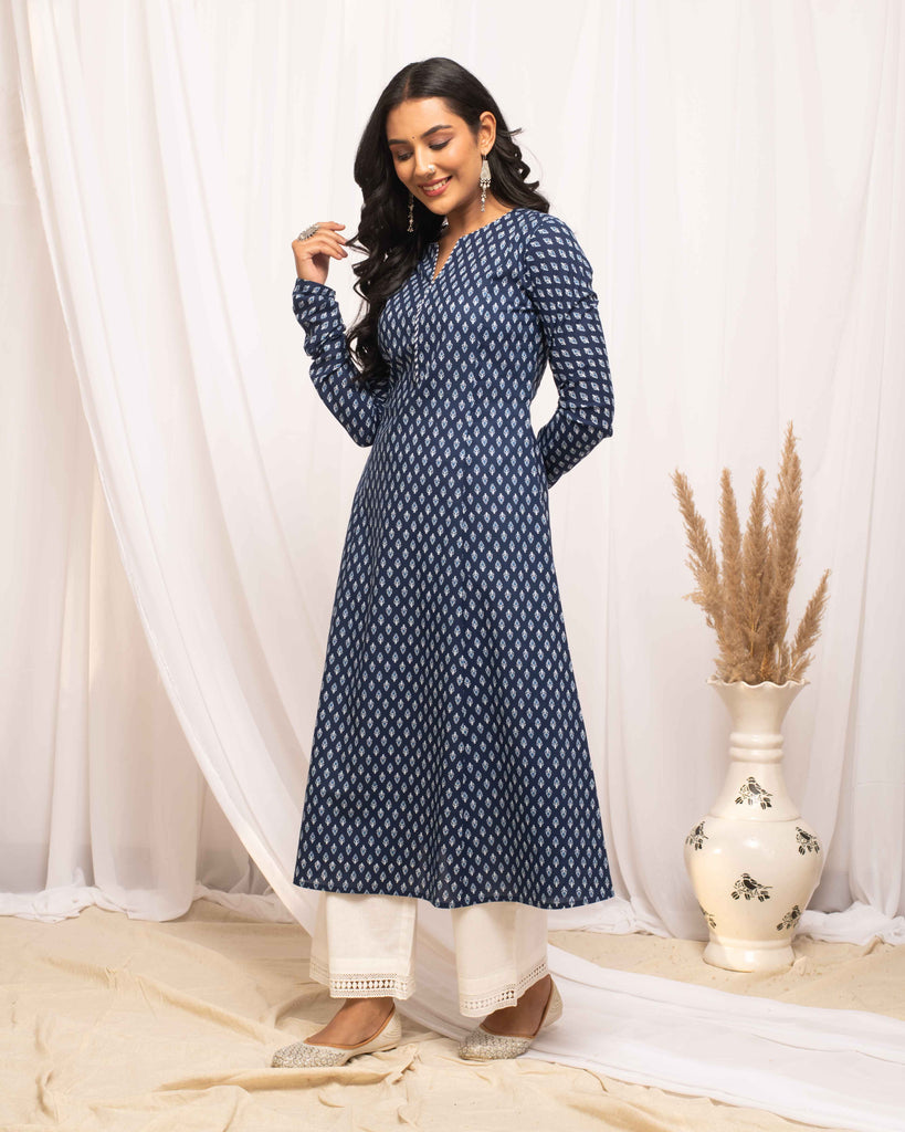 Indigo Blue Colored Cotton Designer Printed Long Kurti