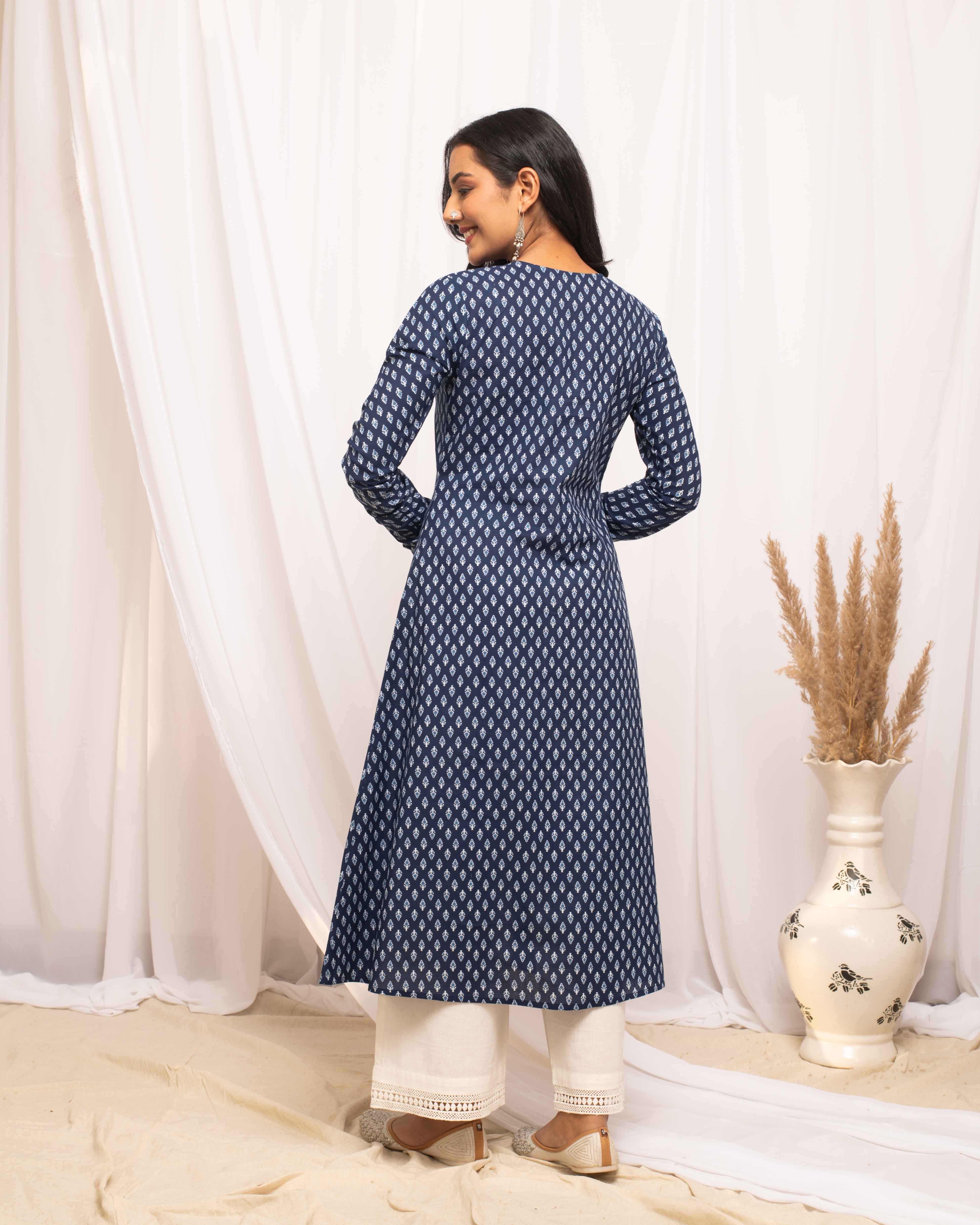 Indigo Blue Cotton Printed  Kurti