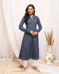 Indigo Blue Colored Cotton Designer Printed Long Kurti