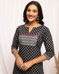 Black Colored Cotton Designer Printed Long Kurti