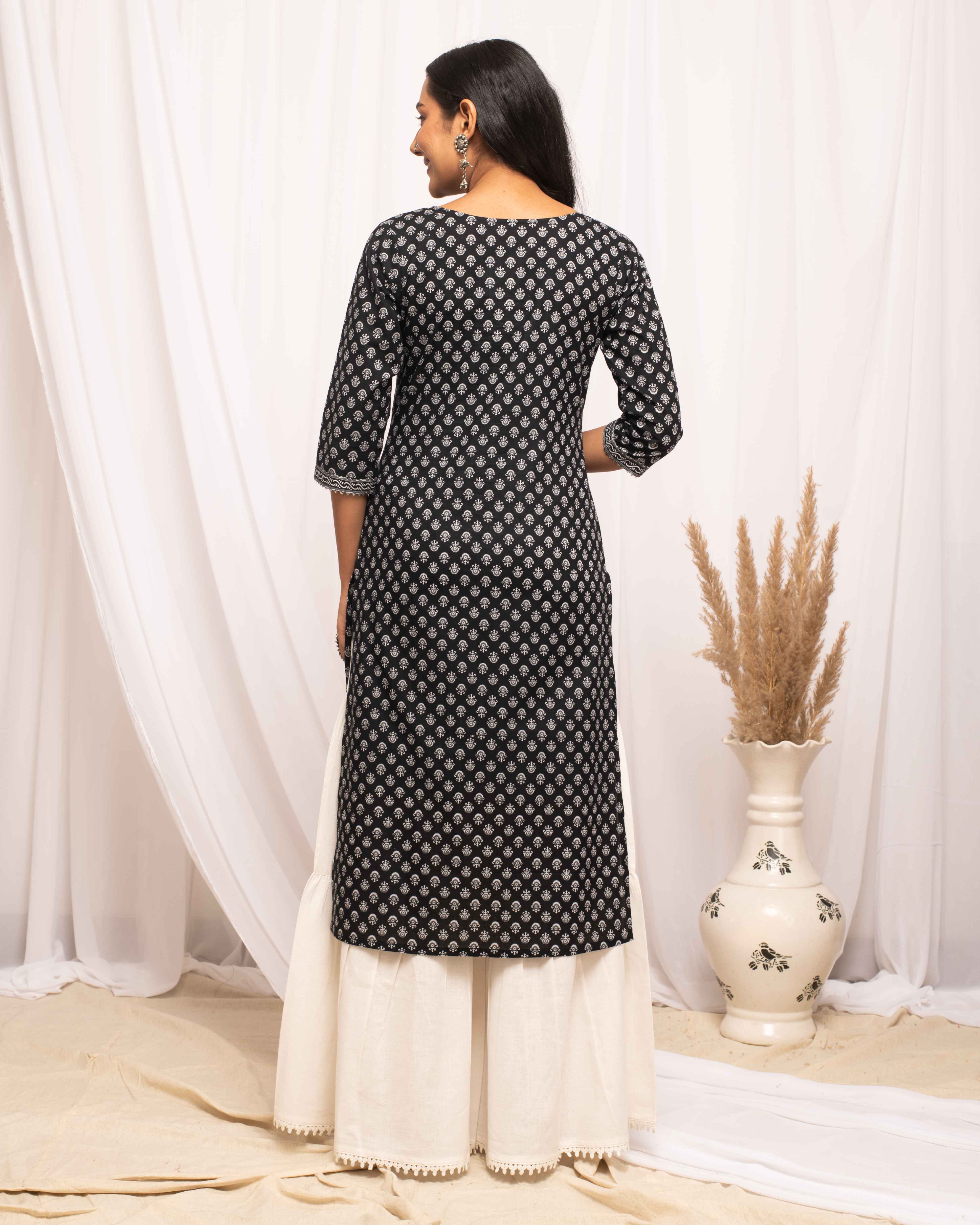 Black Colored Cotton Designer Printed Long Kurti