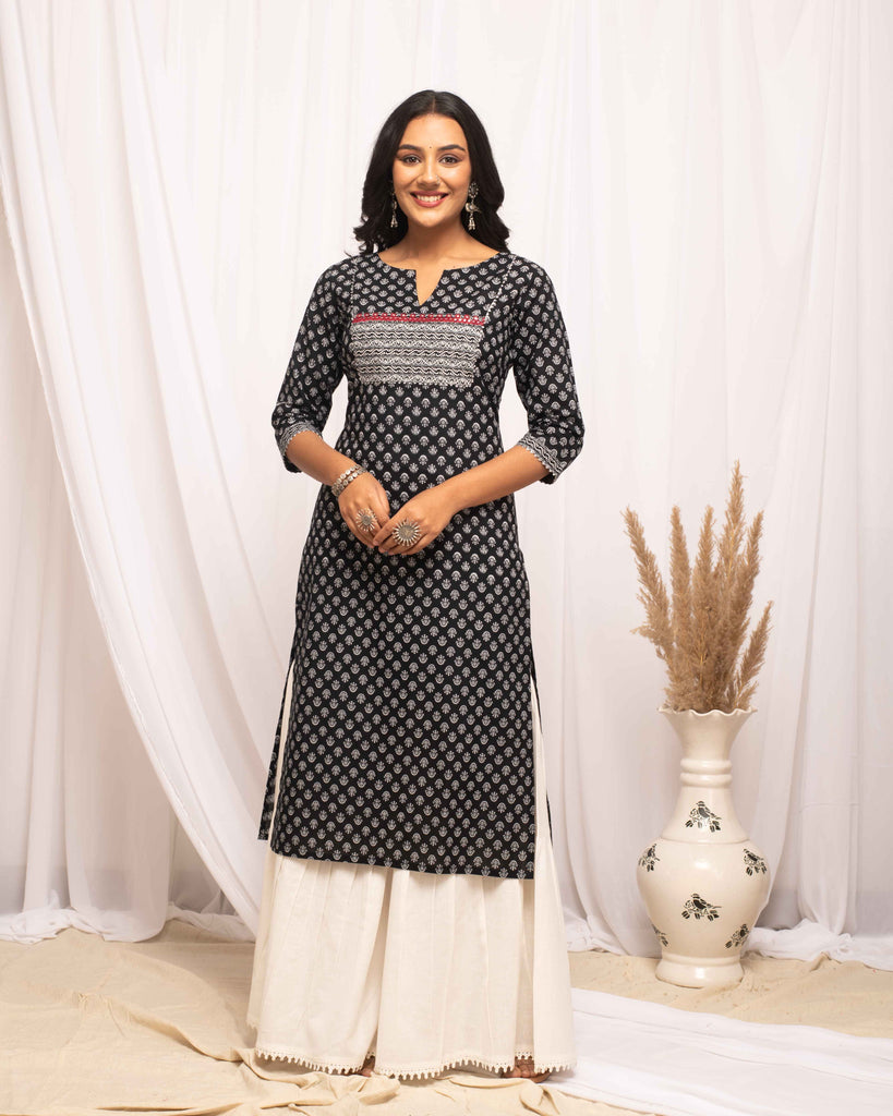 Black Colored Cotton Designer Printed Long Kurti