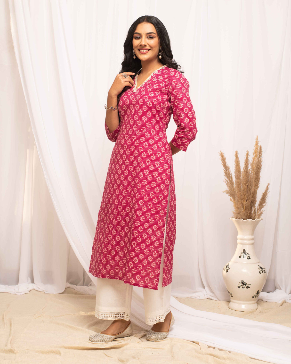 Pink Colored Cotton Designer Printed Long Kurti