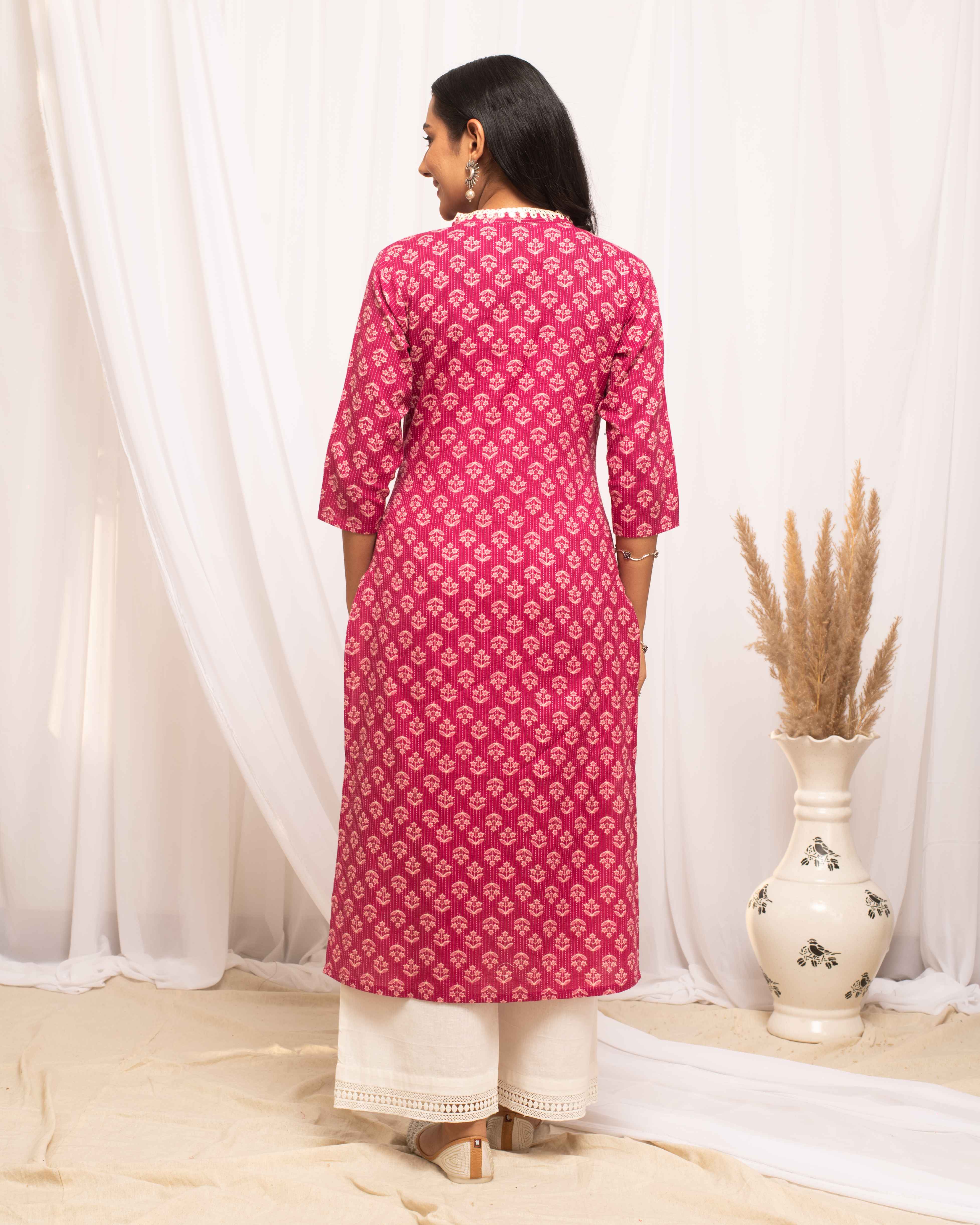 Pink Colored Cotton Designer Printed Long Kurti