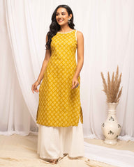 Yellow Colored Cotton Designer Printed Long Kurti