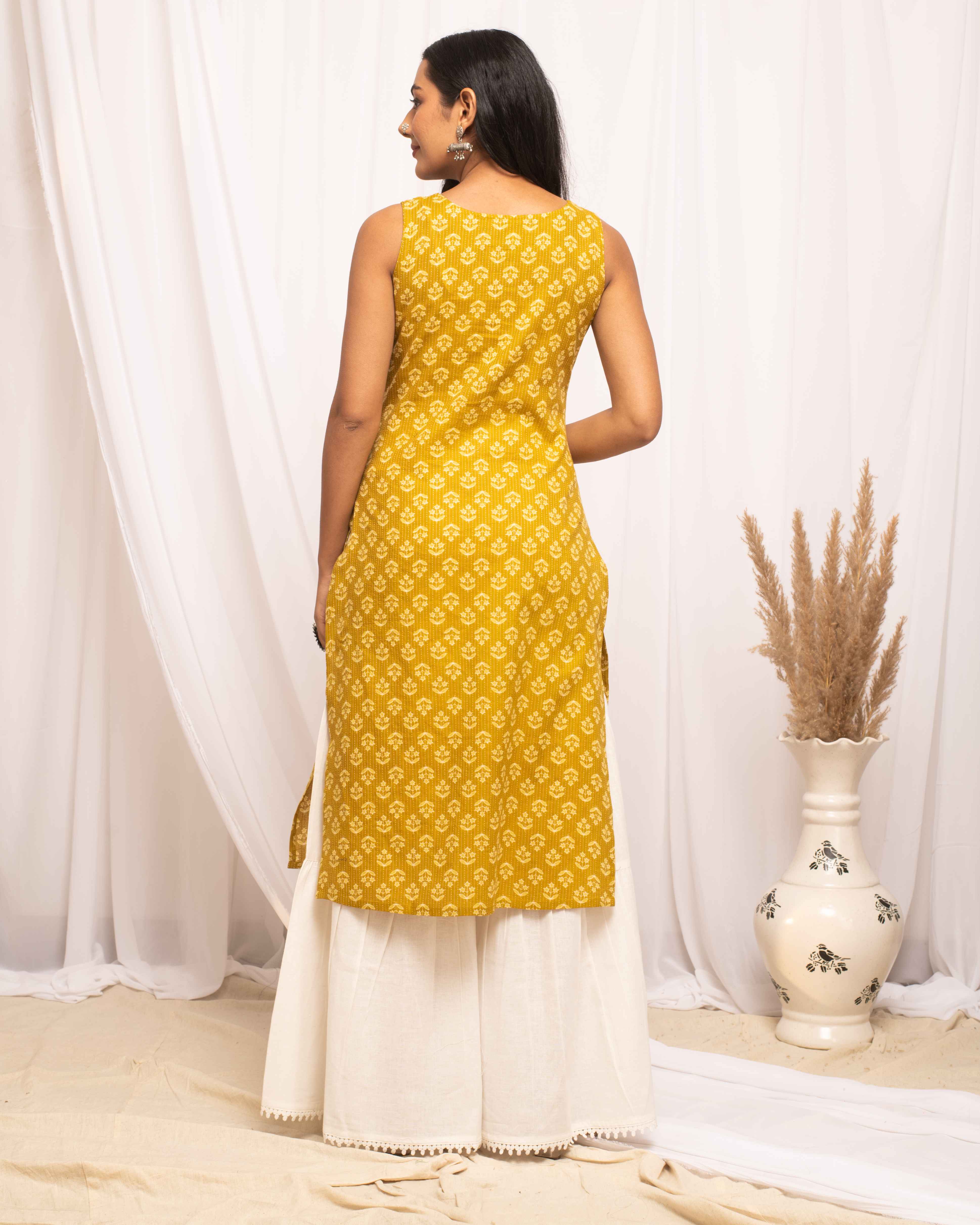 Yellow Colored Cotton Designer Printed Long Kurti