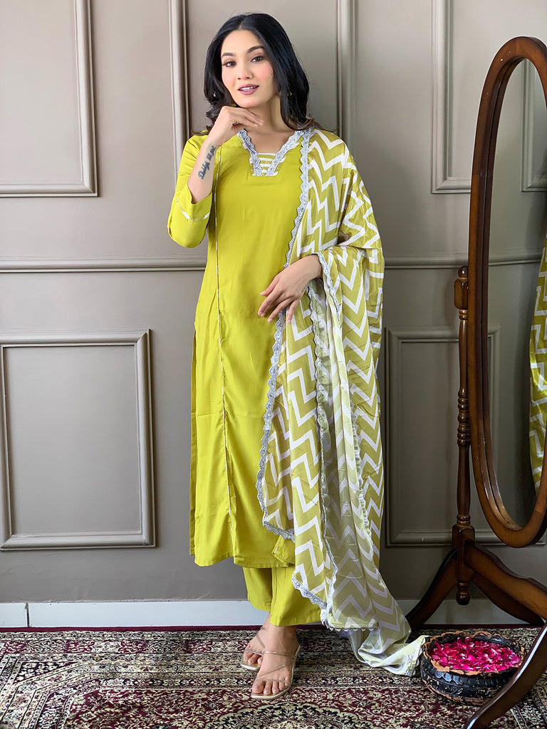 Lemon Colored Viscose Printed Readymade Salwar Suit With Bottom Dupatta