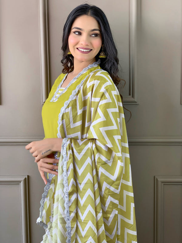 Lemon Colored Viscose Printed Readymade Salwar Suit With Bottom Dupatta