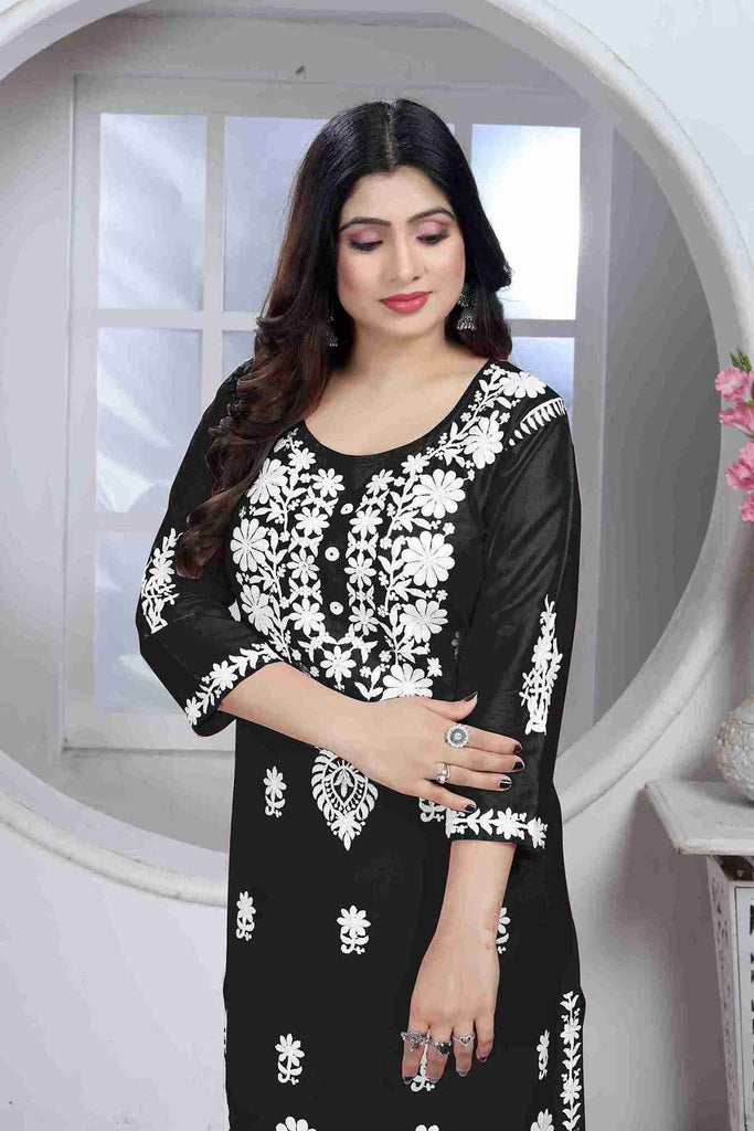 Black Colored Rayon Chikankari Embroidered Kurti With Pant